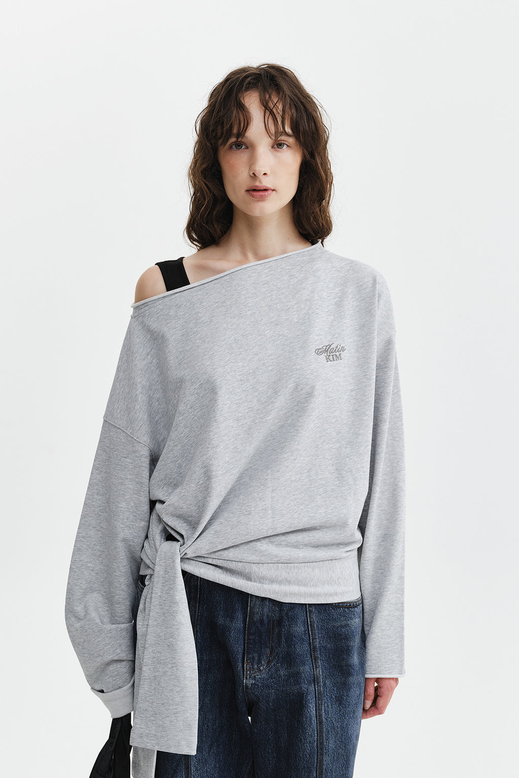 Matin Kim - Back Logo Raw Cut Boat Neck Top (Grey) product image 11 | TRAB K-Fashion Australia
