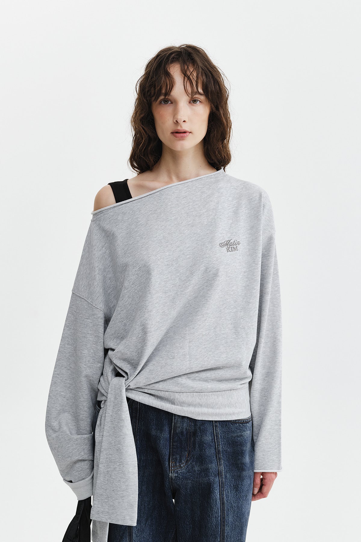Matin Kim - Back Logo Raw Cut Boat Neck Top (Grey) product image 11 | TRAB K-Fashion Australia