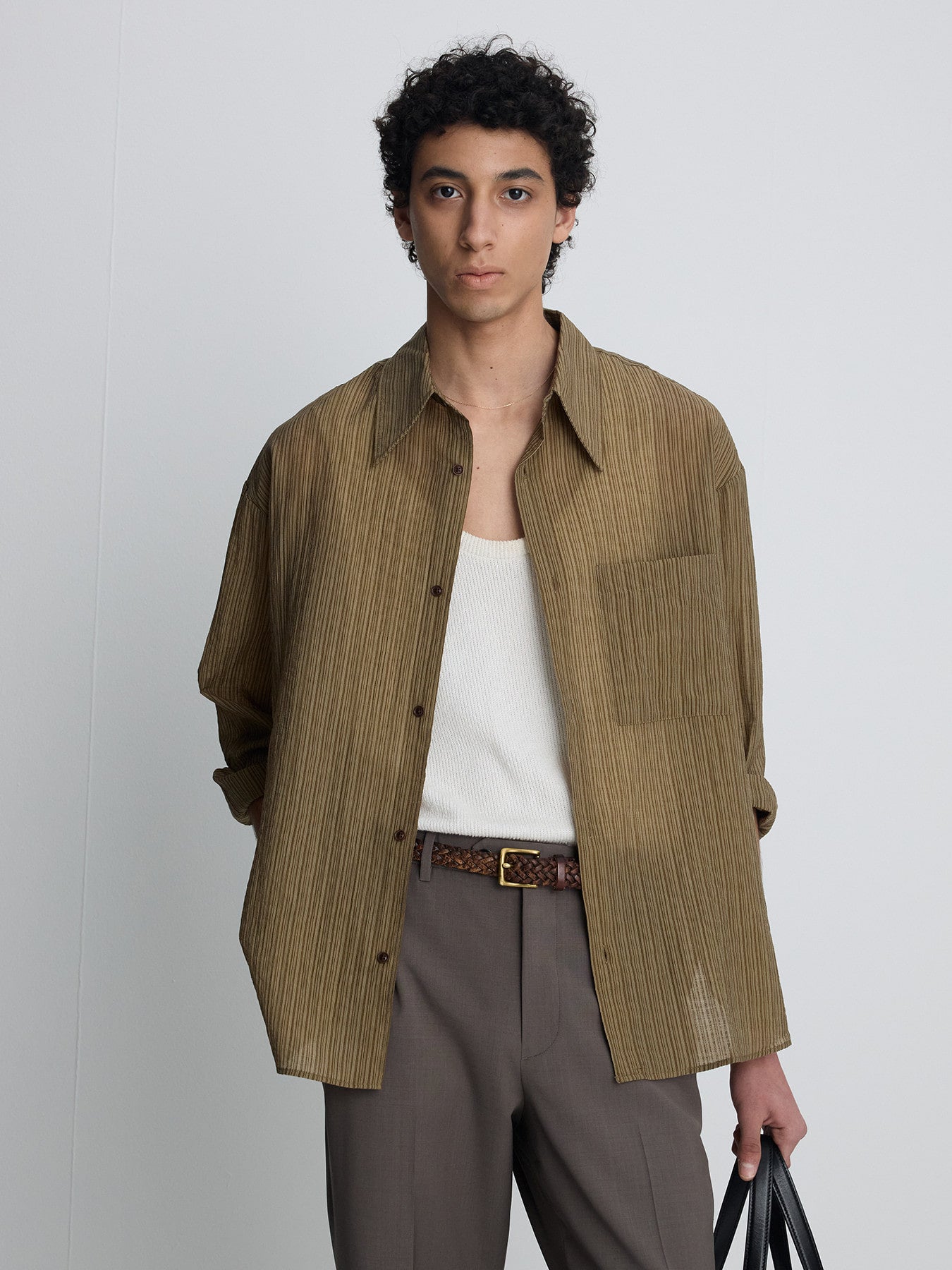 Tonywack - Lyocell Oversized Stripe Shirt (Olive Stripe) product image 4 | TRAB K-Fashion Australia