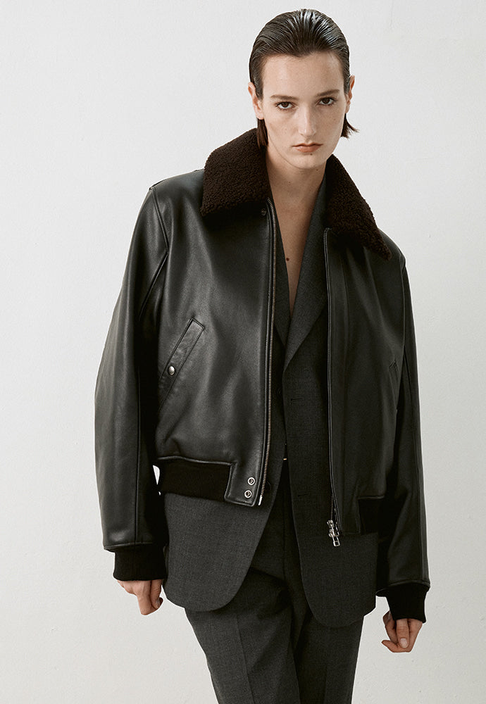 Tonywack - Shearling Collar Leather Bomber Jacket (Black) product image 5 | TRAB K-Fashion Australia