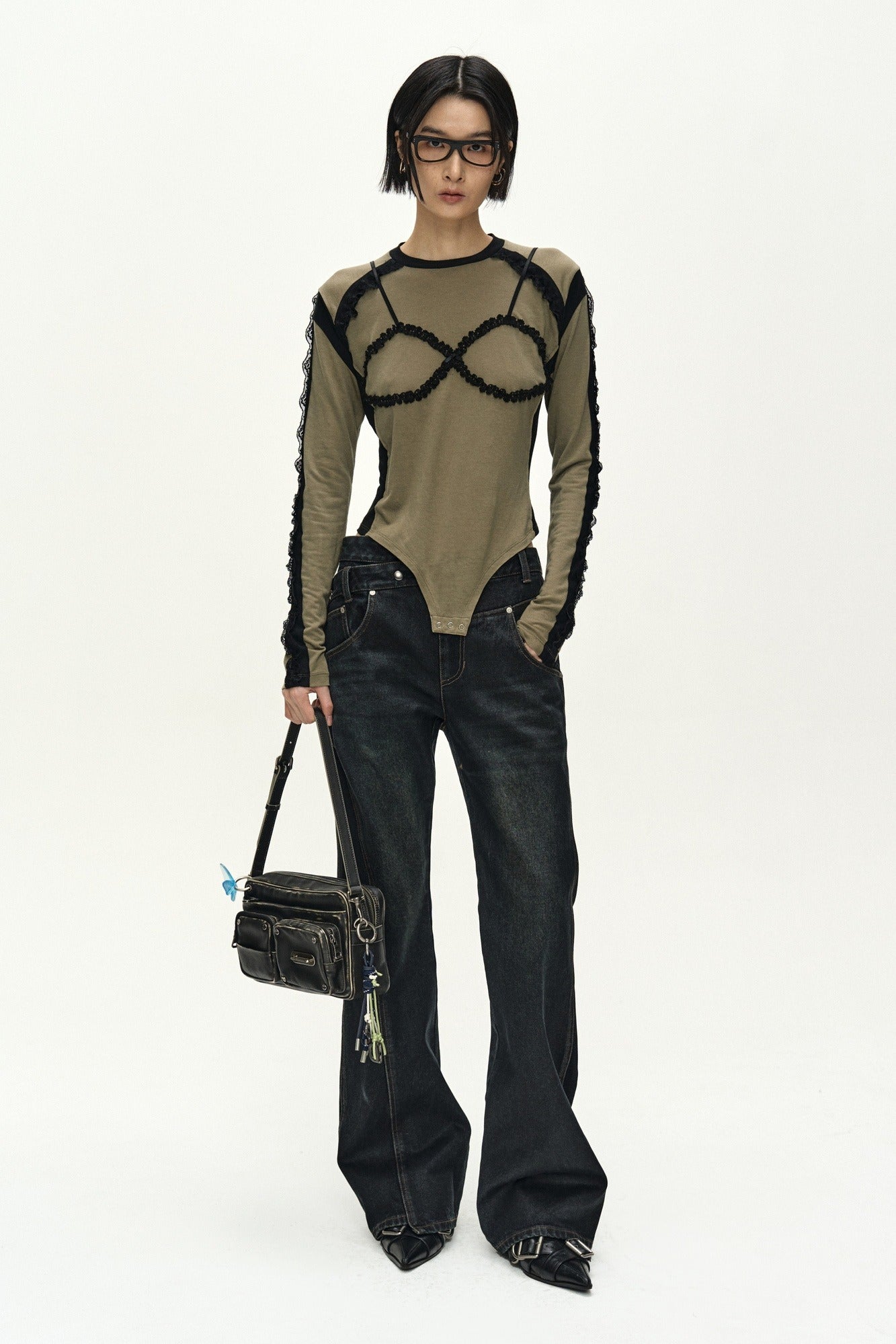 Andersson Bell - Strap Detail Long Sleeve Bodysuit (khaki) (Khaki) product image 1 | TRAB K-Fashion Australia