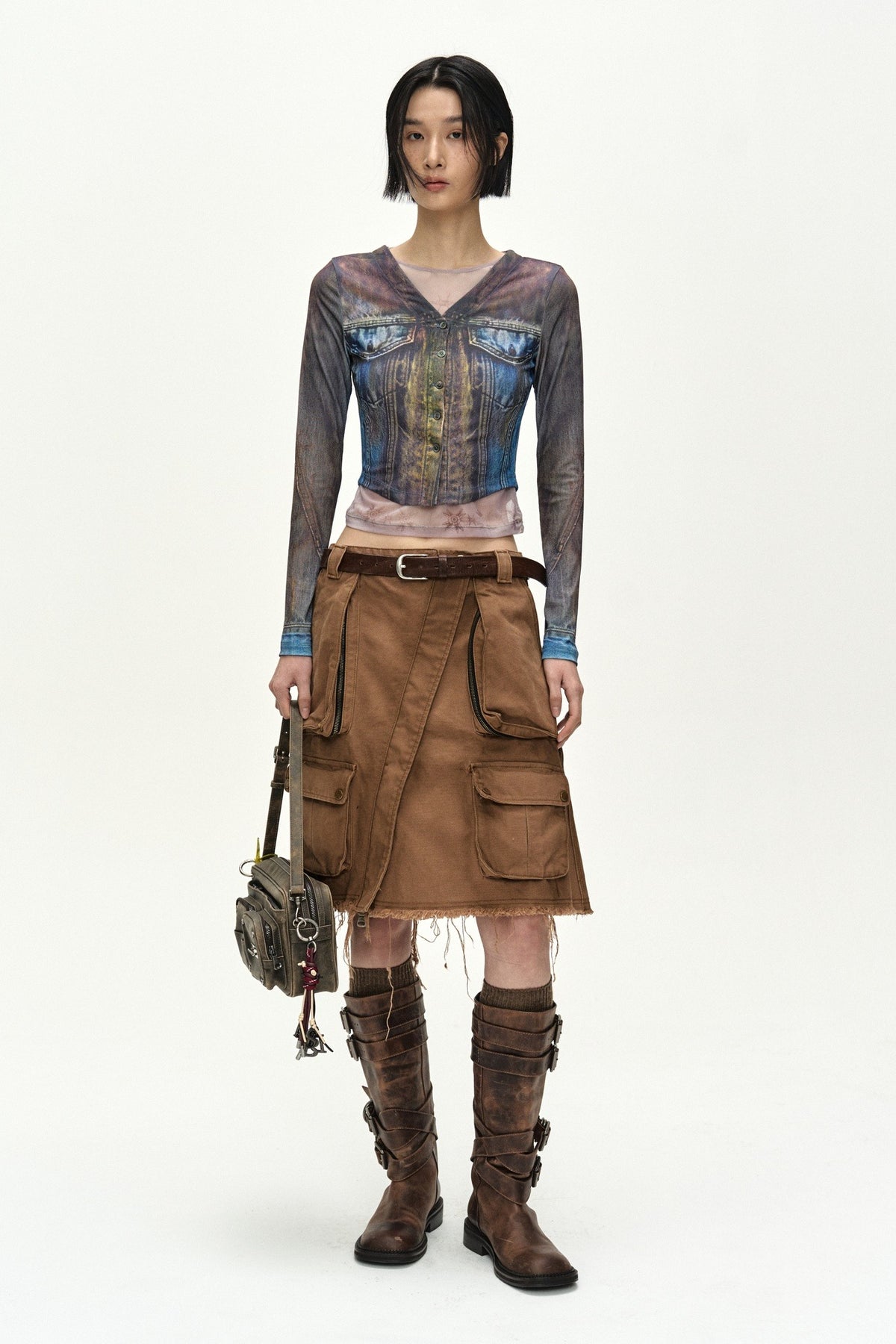 Andersson Bell - Trompe L'oeil Denim Layered Tattoo Top (Brown) product image 1 | TRAB K-Fashion Australia