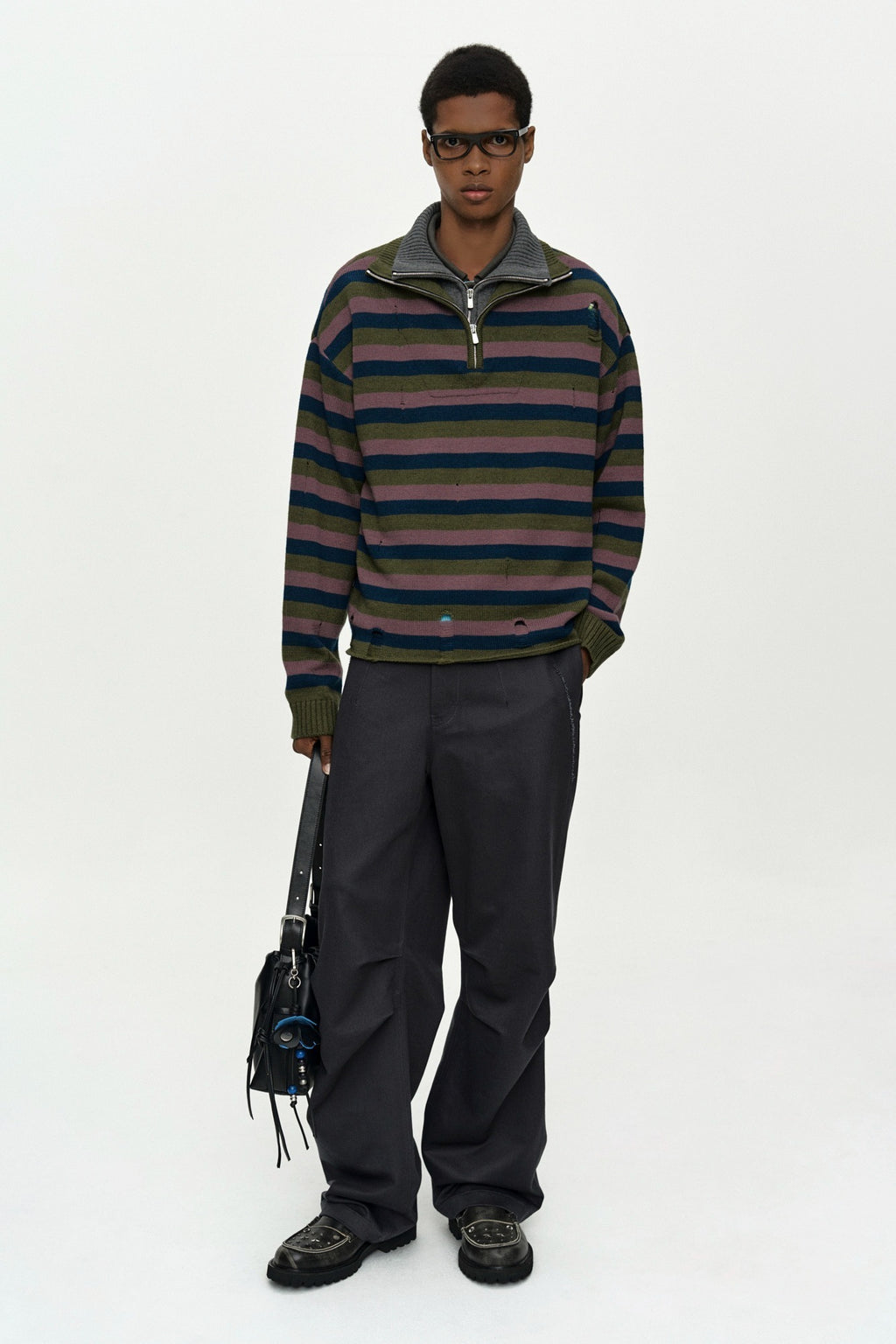 Andersson Bell - Double Layered Stripe Half Zip-Up Sweater (Blue/Grey) product image 1 | TRAB K-Fashion Australia