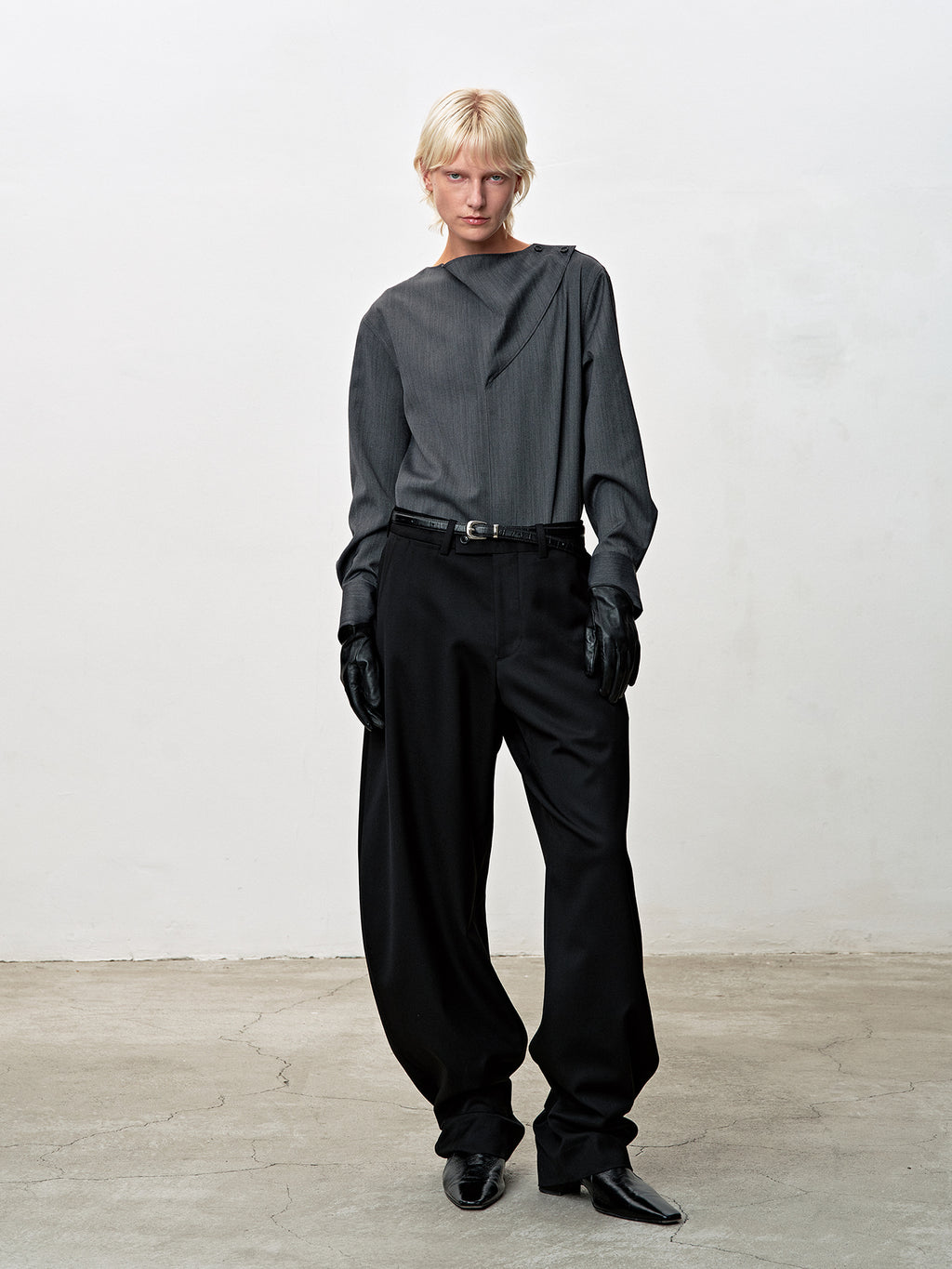 Tonywack - Herringbone Wool Cowl-Neck Blouse (Mid-Grey Herringbone) product image 1 | TRAB K-Fashion Australia