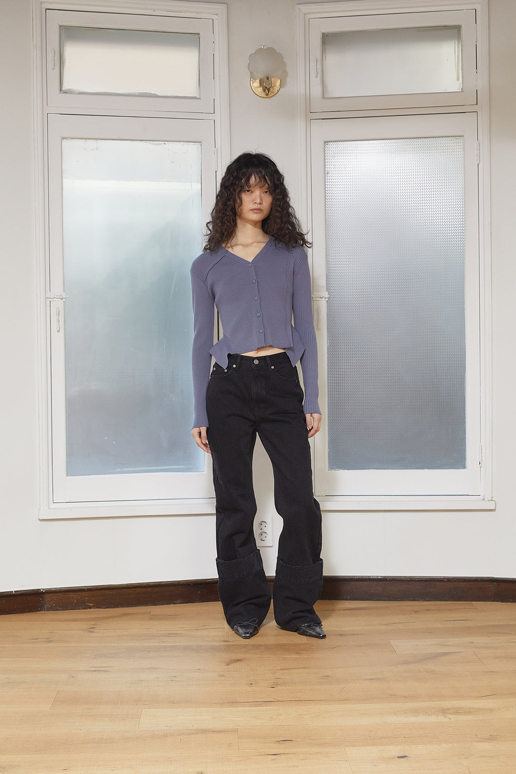 Matin Kim - Unbalance Cut Line Button Cardigan (Smoke Blue) product image 9 | TRAB K-Fashion Australia