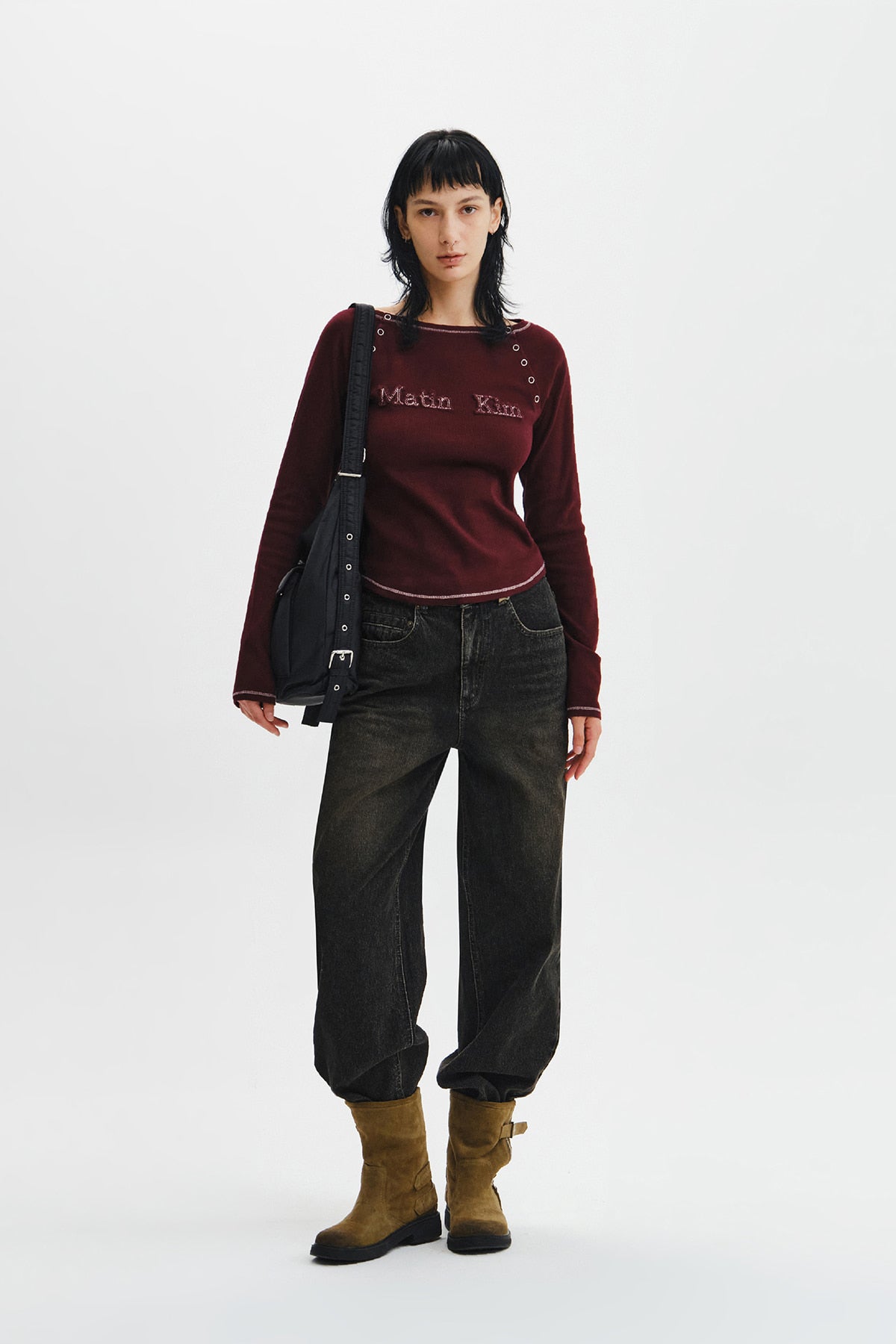 Matin Kim - Logo Applique Button Detail Raglan Top (Wine) product image 11 | TRAB K-Fashion Australia