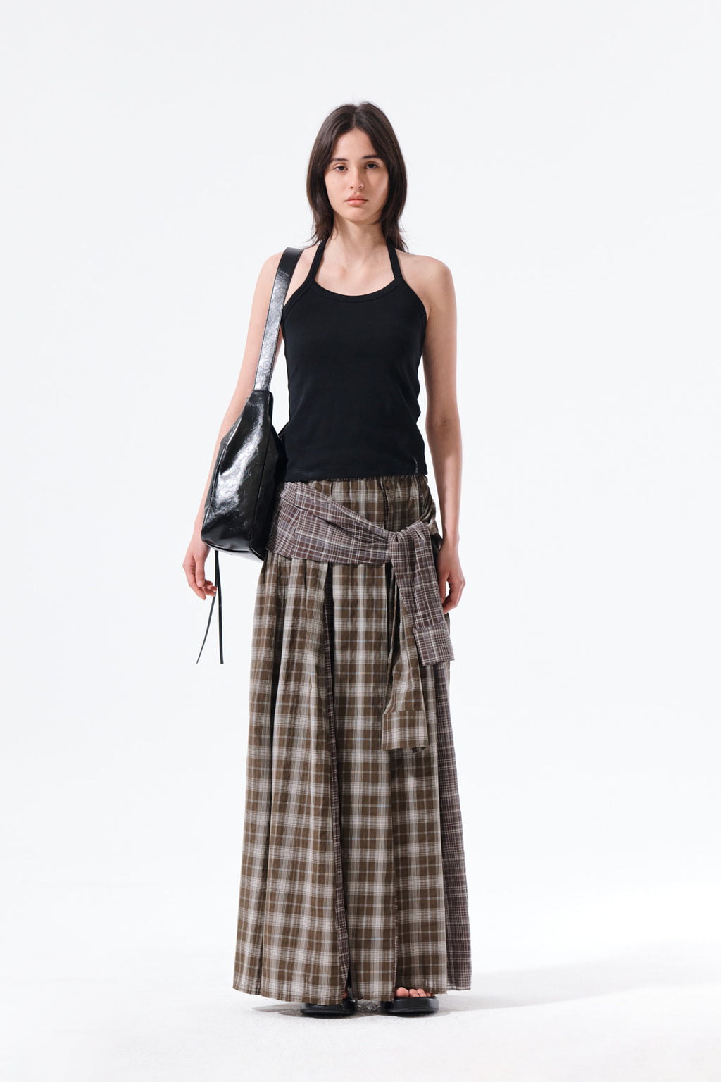 Matin Kim - Mixed Check Sleeve Tie Flare Skirt (Brown) product image 13 | TRAB K-Fashion Australia