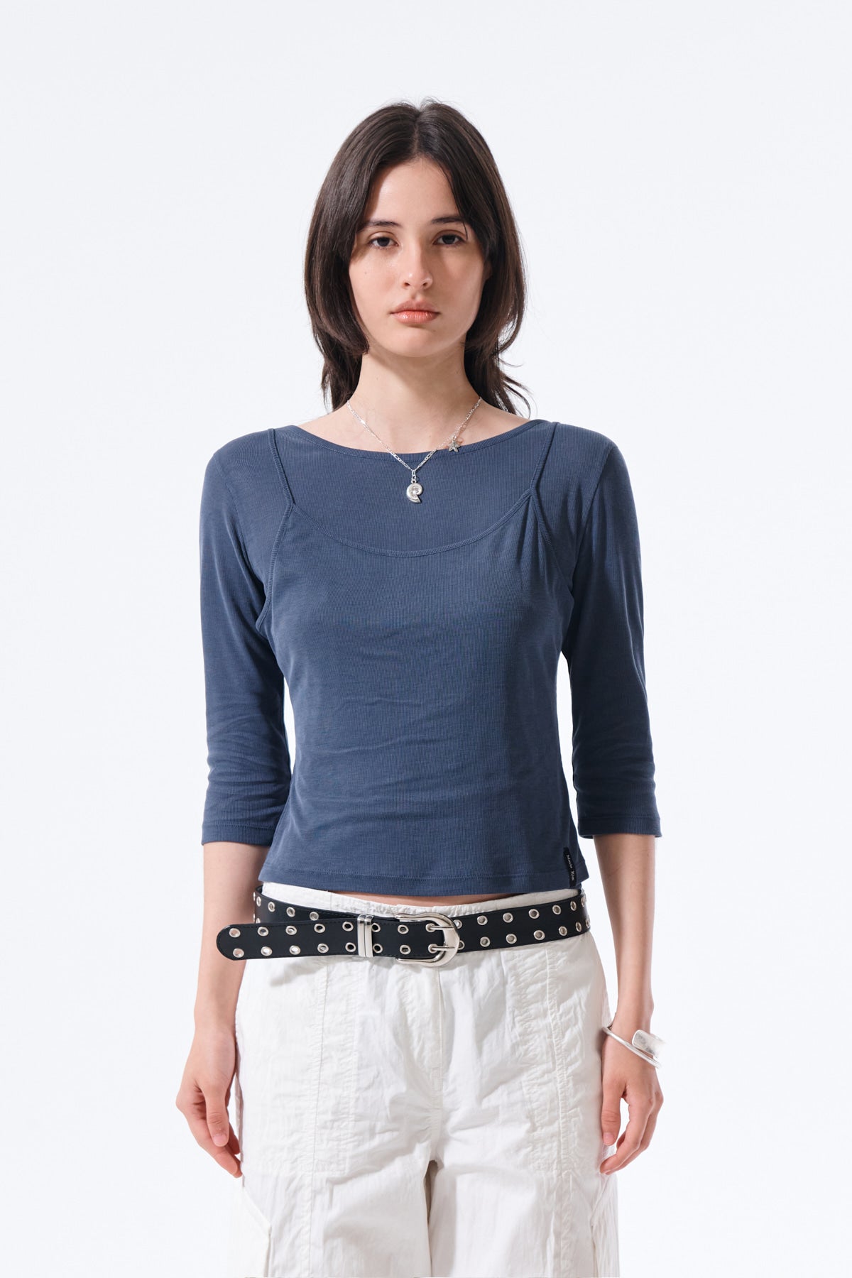 Matin Kim - 3/4 Sleeve Top & Tank Layered Set (Smoke Blue) product image 12 | TRAB K-Fashion Australia