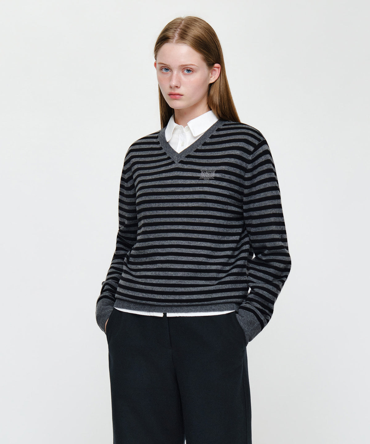 Marithe & Francois Girbaud - Micro Classic Logo V-neck Knit (Charcoal) product image 2 | TRAB K-Fashion Australia