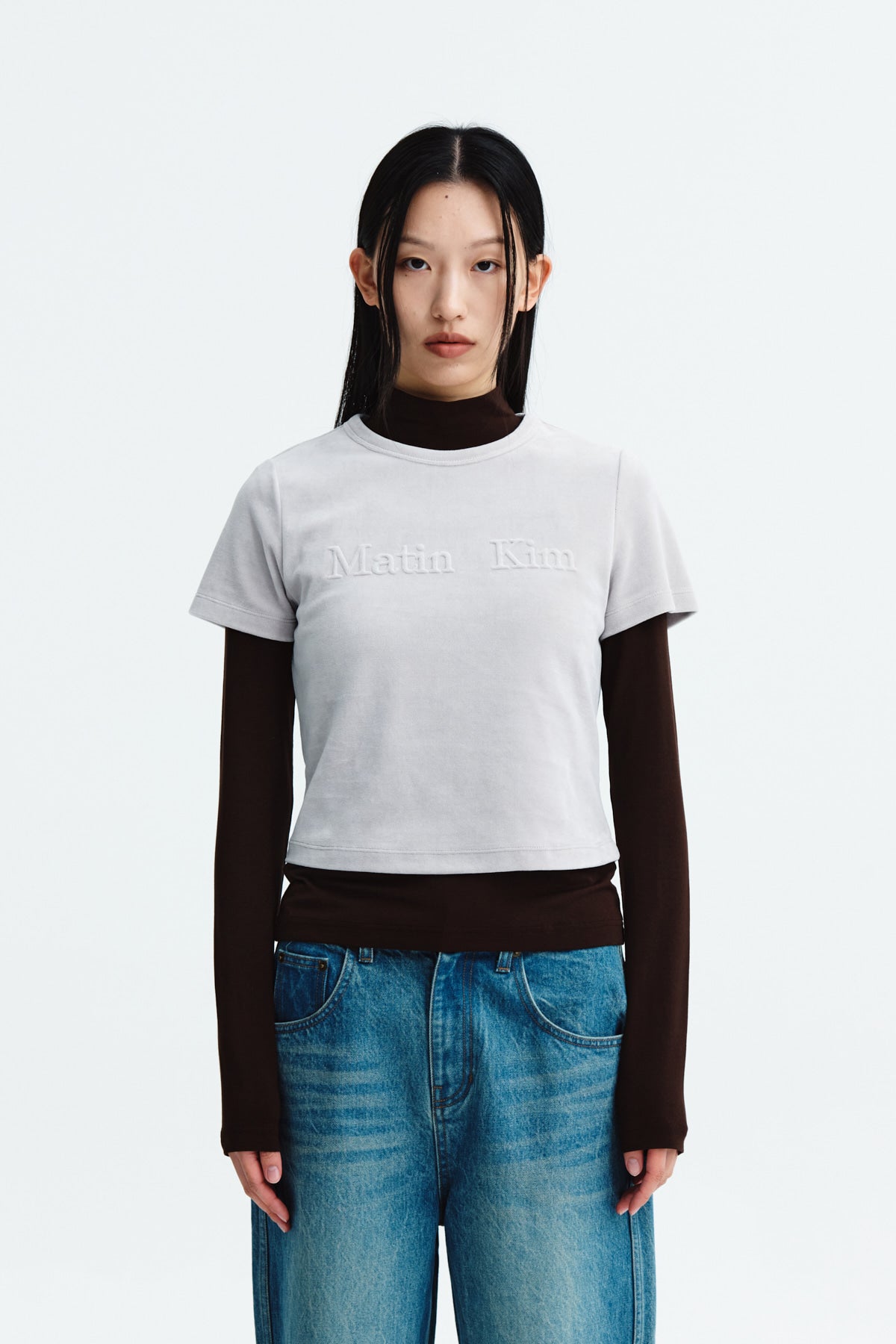 Matin Kim - Logo Emboss Velvet Crop Top (Light Grey) product image 5 | TRAB K-Fashion Australia