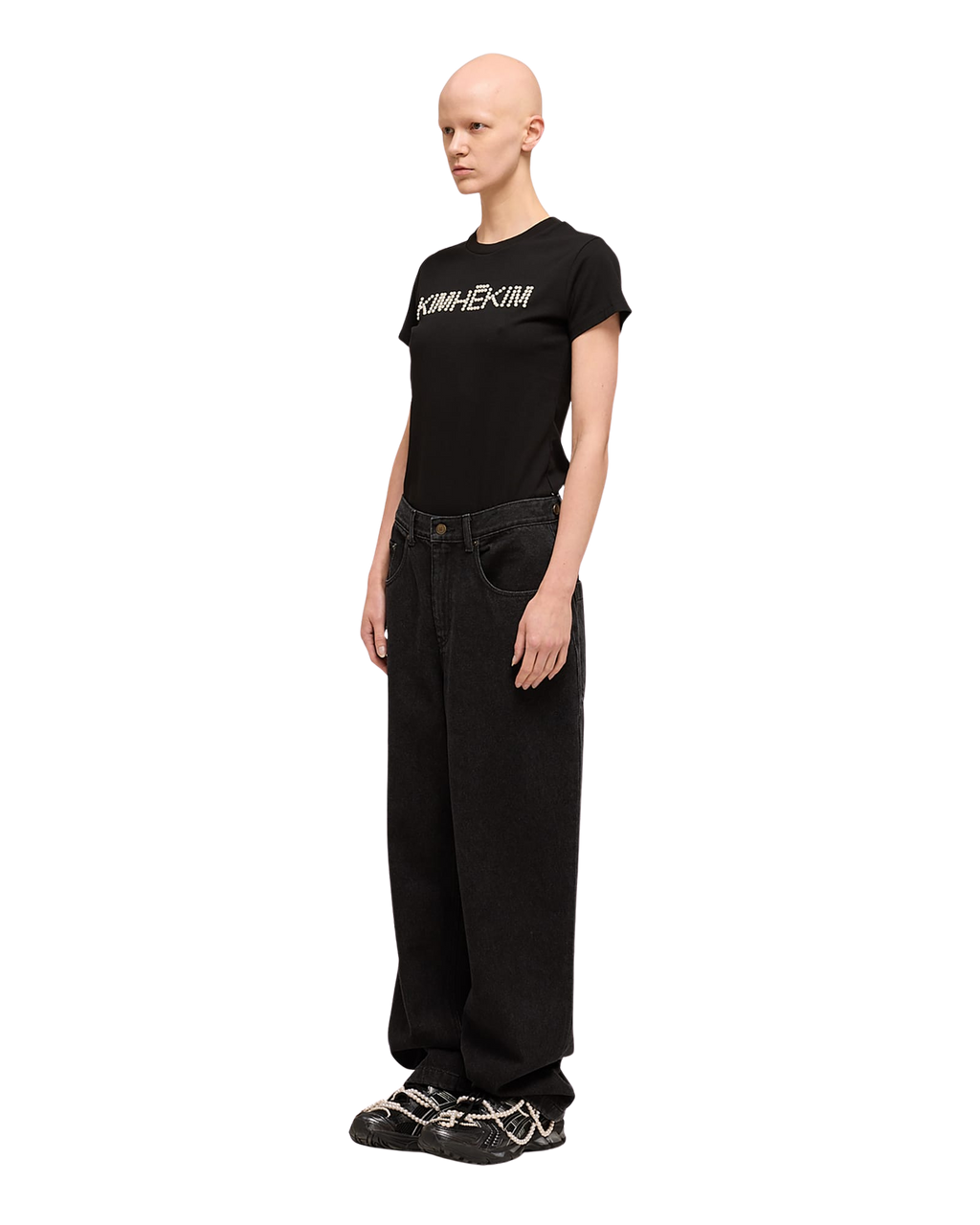 Kimhe Kim - Pearl Embellished Logo Slim T-Shirt (Black) product image 2 | TRAB K-Fashion Australia