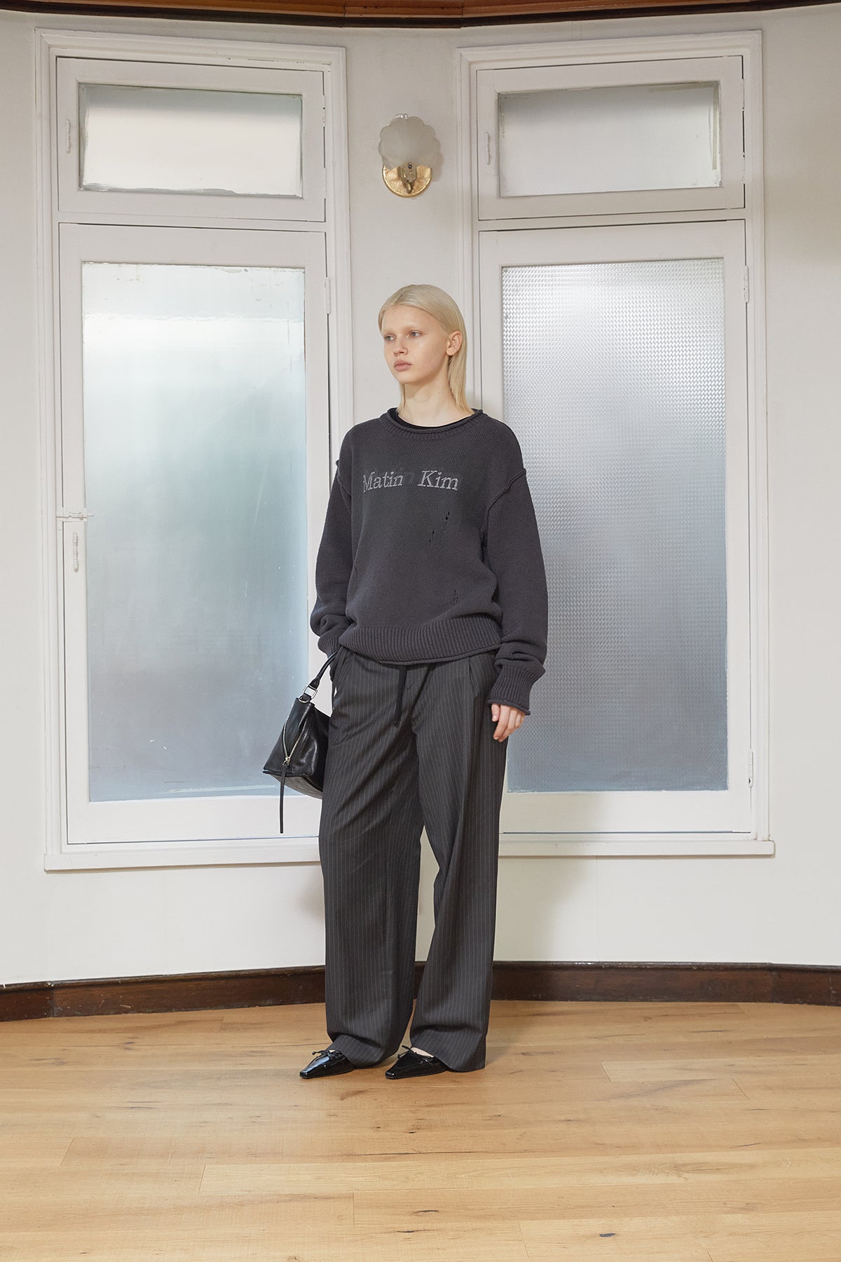 Matin Kim - Crack Logo Vintage Knit Pullover (Charcoal) product image 6 | TRAB K-Fashion Australia