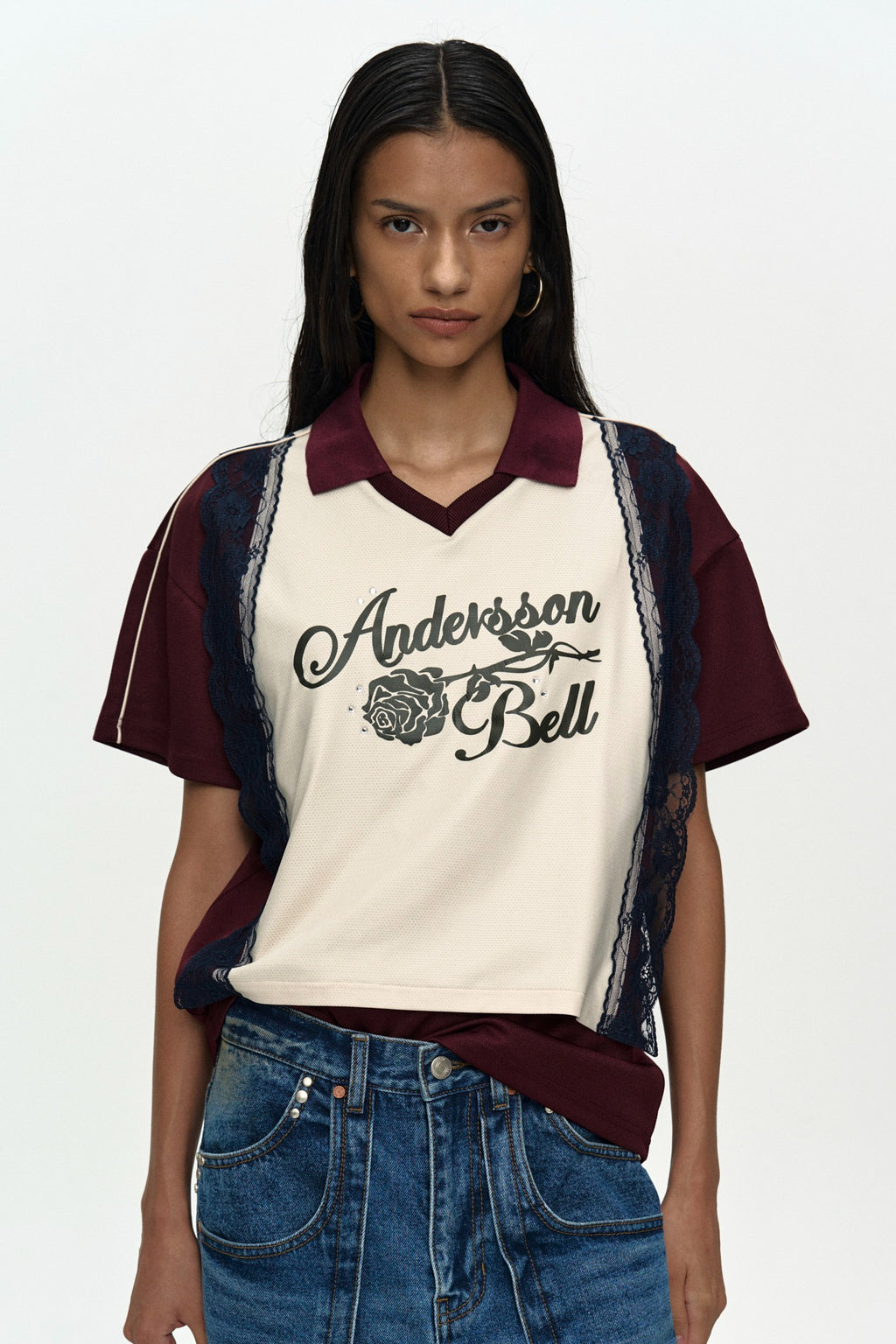 Andersson Bell - Lace Trimmed Polo Jersey Top (Wine/Light Yellow) product image 1 | TRAB K-Fashion Australia
