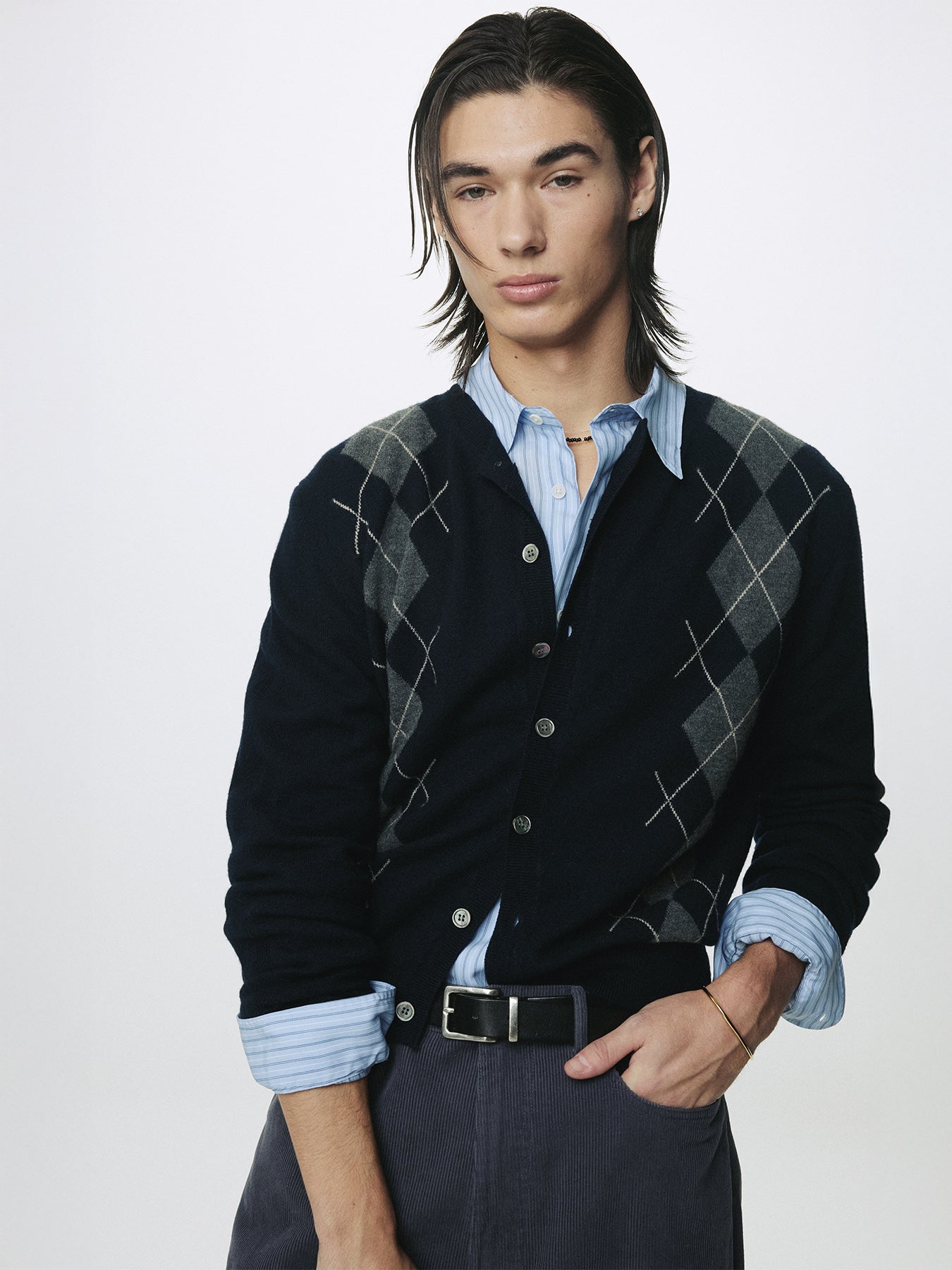 Tonywack - Merino Wool Argyle Cardigan (Navy/Grey) product image 1 | TRAB K-Fashion Australia