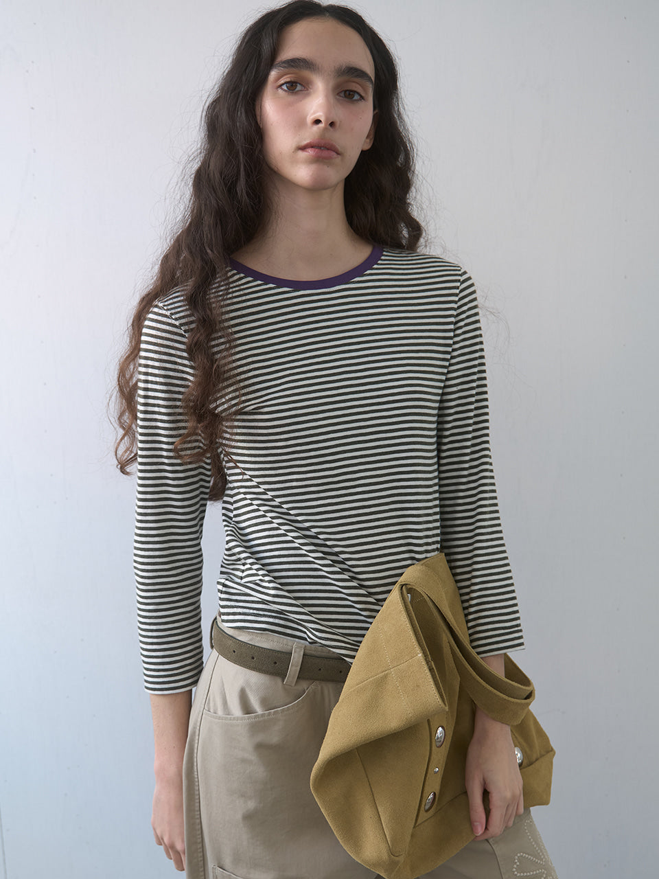 Kijun - Stripe Mid Sleeve Tee (Khaki) product image 1 | TRAB K-Fashion Australia
