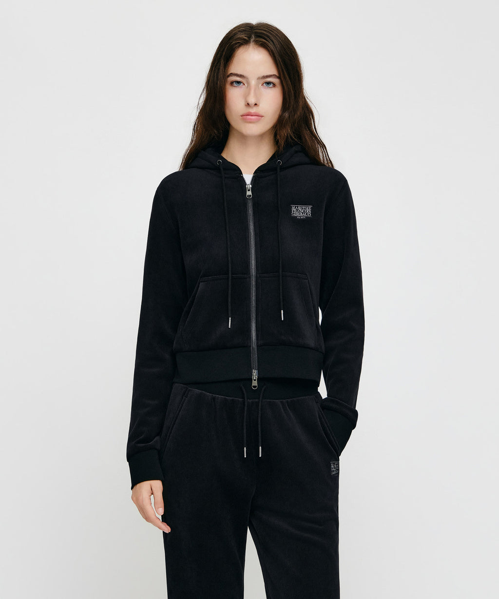 Marithe & Francois Girbaud - Small Classic Logo Slim Fit Velour Crop Hoodie Zipup (Black) product image 1 | TRAB K-Fashion Australia