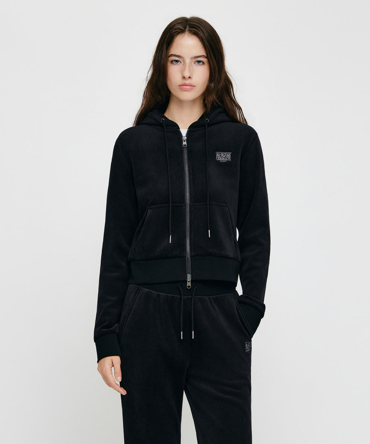 Marithe & Francois Girbaud - Small Classic Logo Slim Fit Velour Crop Hoodie Zipup (Black) product image 1 | TRAB K-Fashion Australia