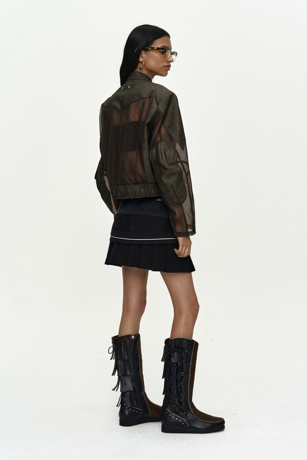 Andersson Bell - Kelly Faux-Leather & Sheer Rider Jacket (Khaki) product image 4 | TRAB K-Fashion Australia
