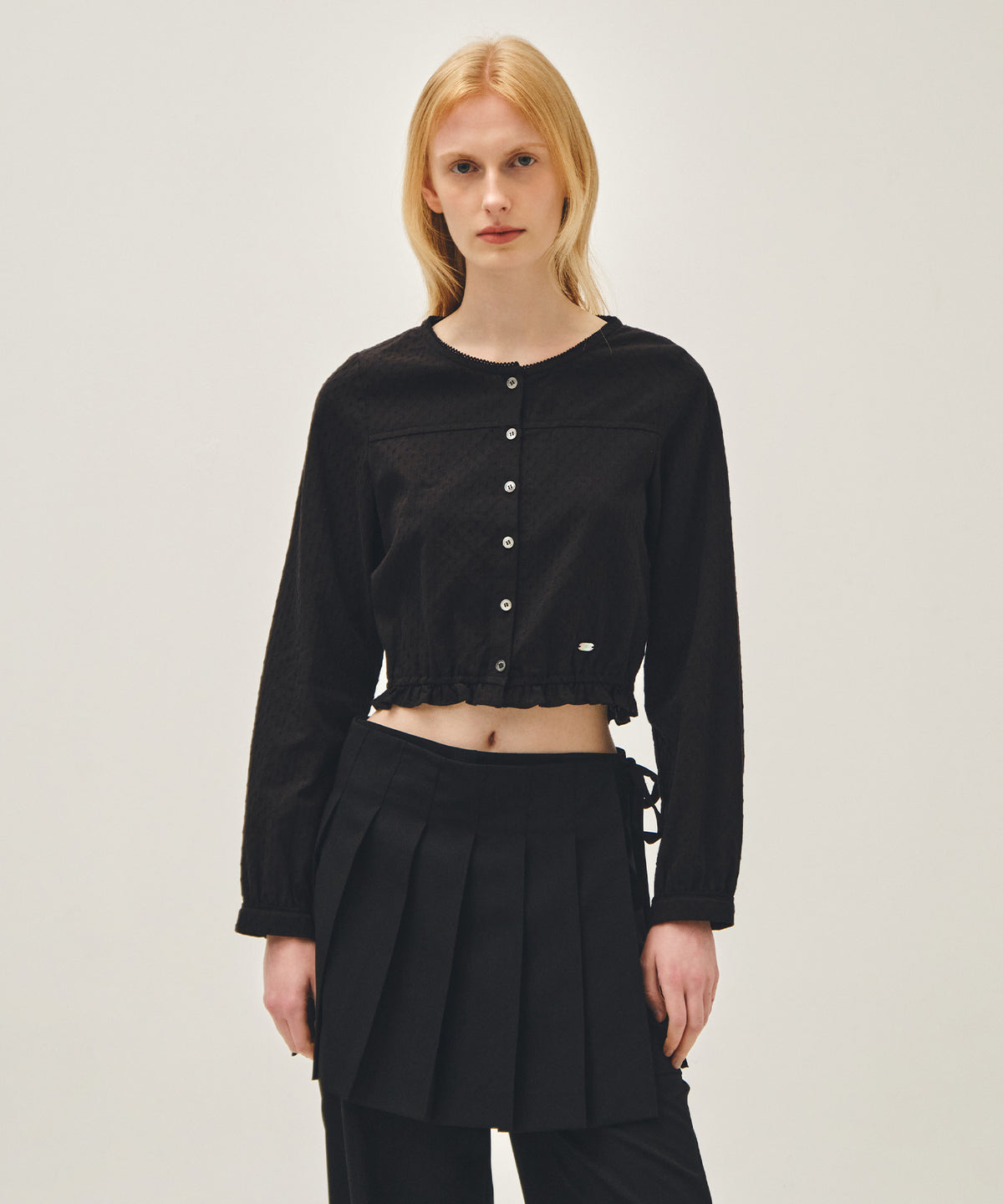 Marithe & Francois Girbaud - Lace Shirring Crop Blouse (Black) product image 1 | TRAB K-Fashion Australia