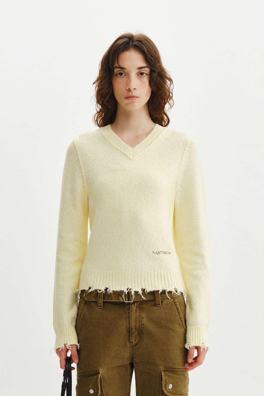 Matin Kim - Distressed Hem V Neck Knit Pullover (Light Yellow) product image 6 | TRAB K-Fashion Australia