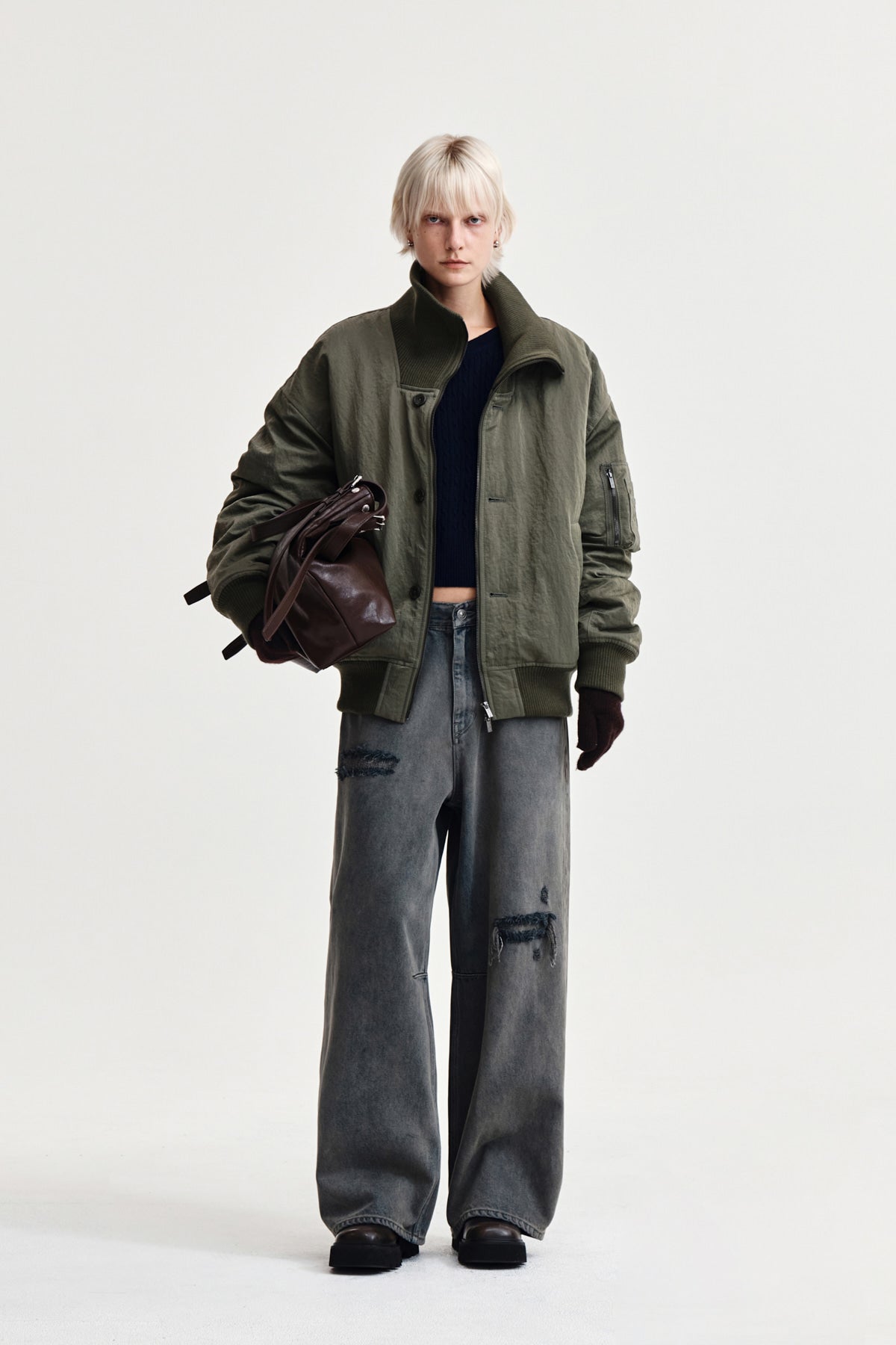 Matin Kim - High Neck Button Point Zip Up Jumper (Khaki) product image 8 | TRAB K-Fashion Australia