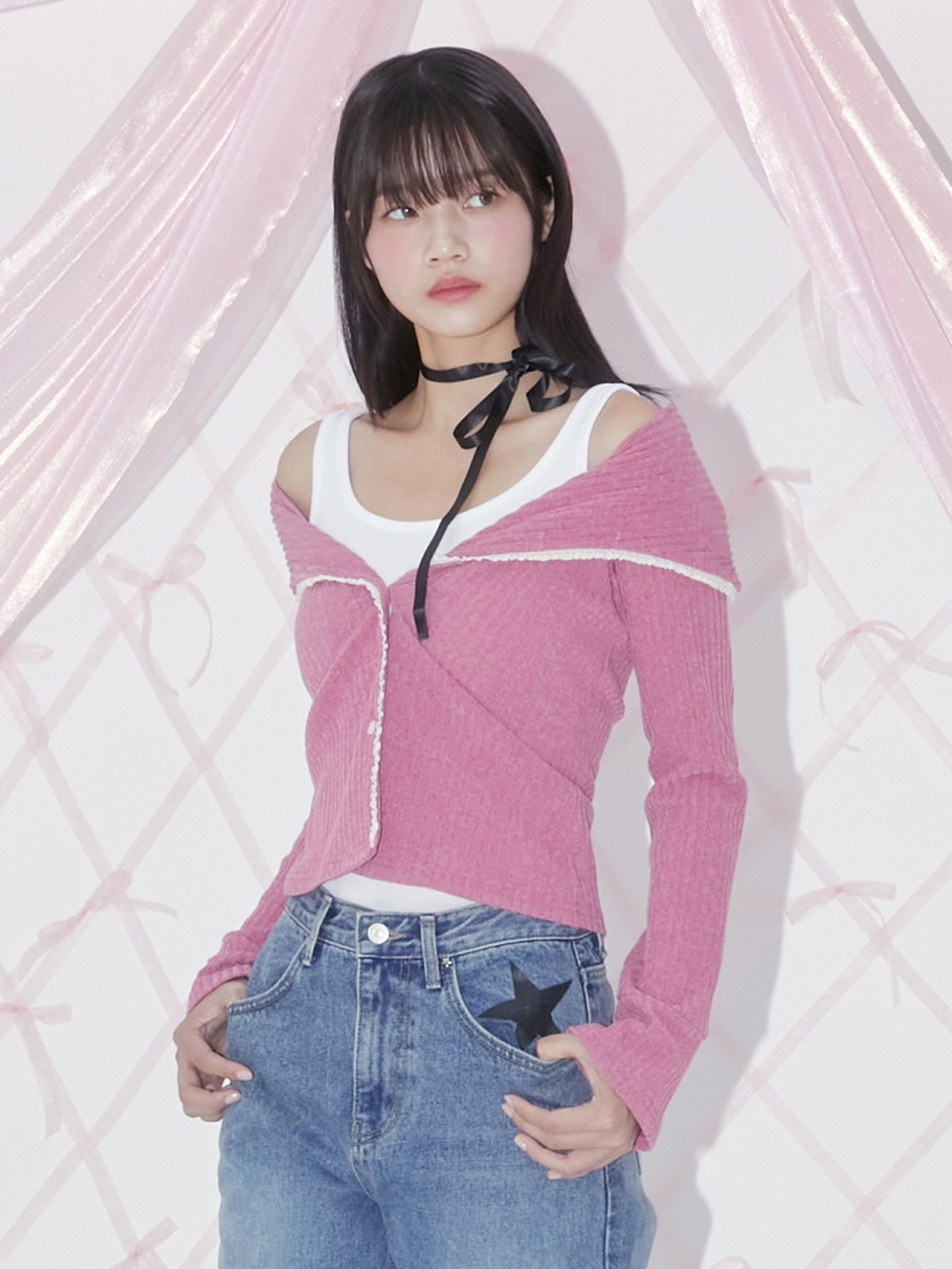 Margarin Fingers - Lace Off-Shoulder Cardigan (Pink) product image 1 | TRAB K-Fashion Australia