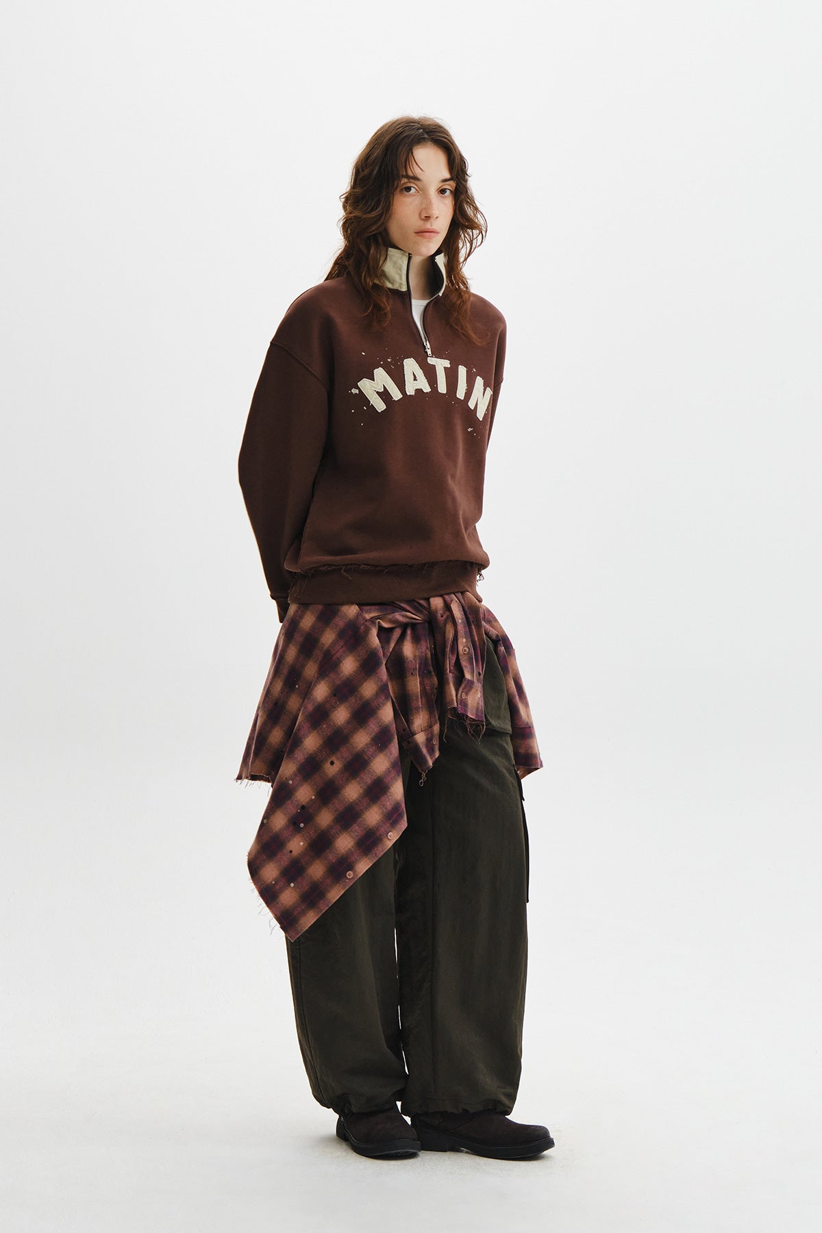 Matin Kim - Applique Logo Collar Quarter Zip Up (Brown) product image 8 | TRAB K-Fashion Australia