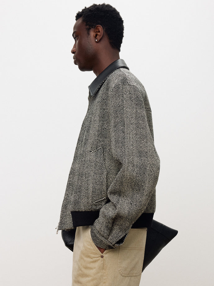 Tonywack - Leather Trim Wool Herringbone Blouson (Black Ecru Herringbone) product image 2 | TRAB K-Fashion Australia