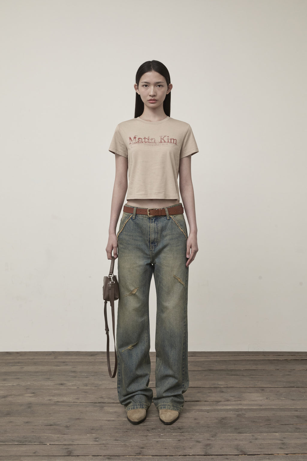 Matin Kim - Stamp Logo Graphic Crop Top (Beige) product image 6 | TRAB K-Fashion Australia
