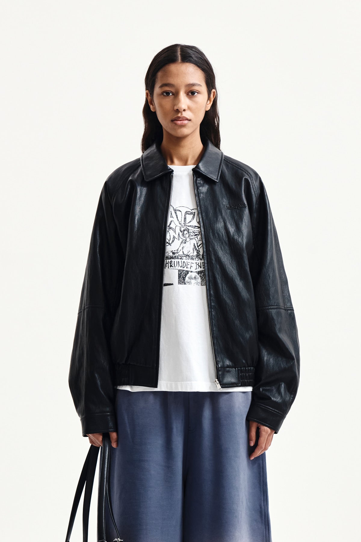 Matin Kim - Small Logo Faux Leather Zip Up Jumper (Black) product image 6 | TRAB K-Fashion Australia