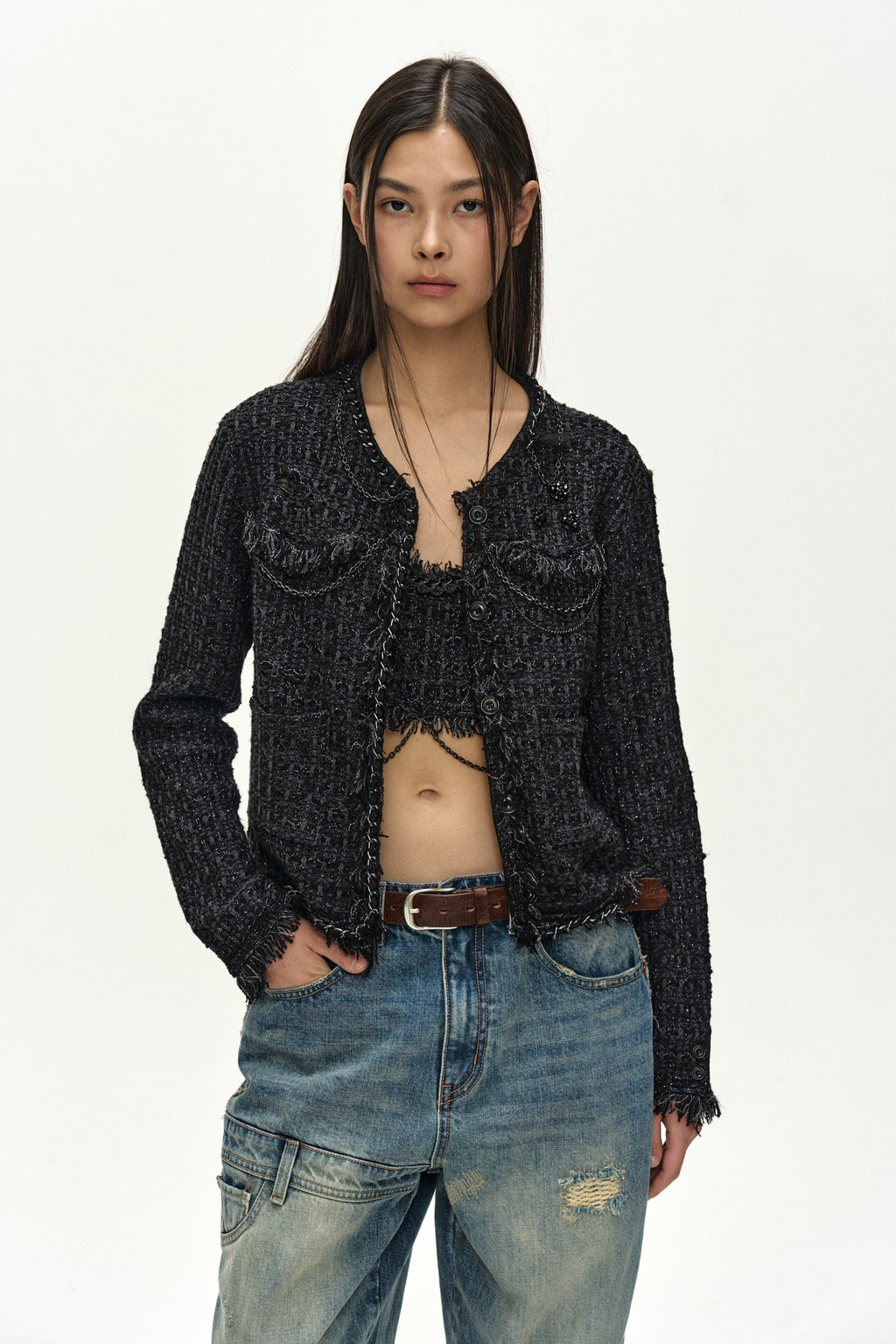 Andersson Bell - [Pre-Order – Ships August 3] Raw Chain-Edge Tweed Jacket (black) (Black) product image 6 | TRAB K-Fashion Australia