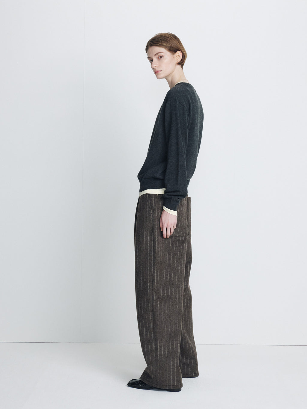 Tonywack - Wool Wide-Leg Banding Trousers (Brown Stripe) product image 2 | TRAB K-Fashion Australia
