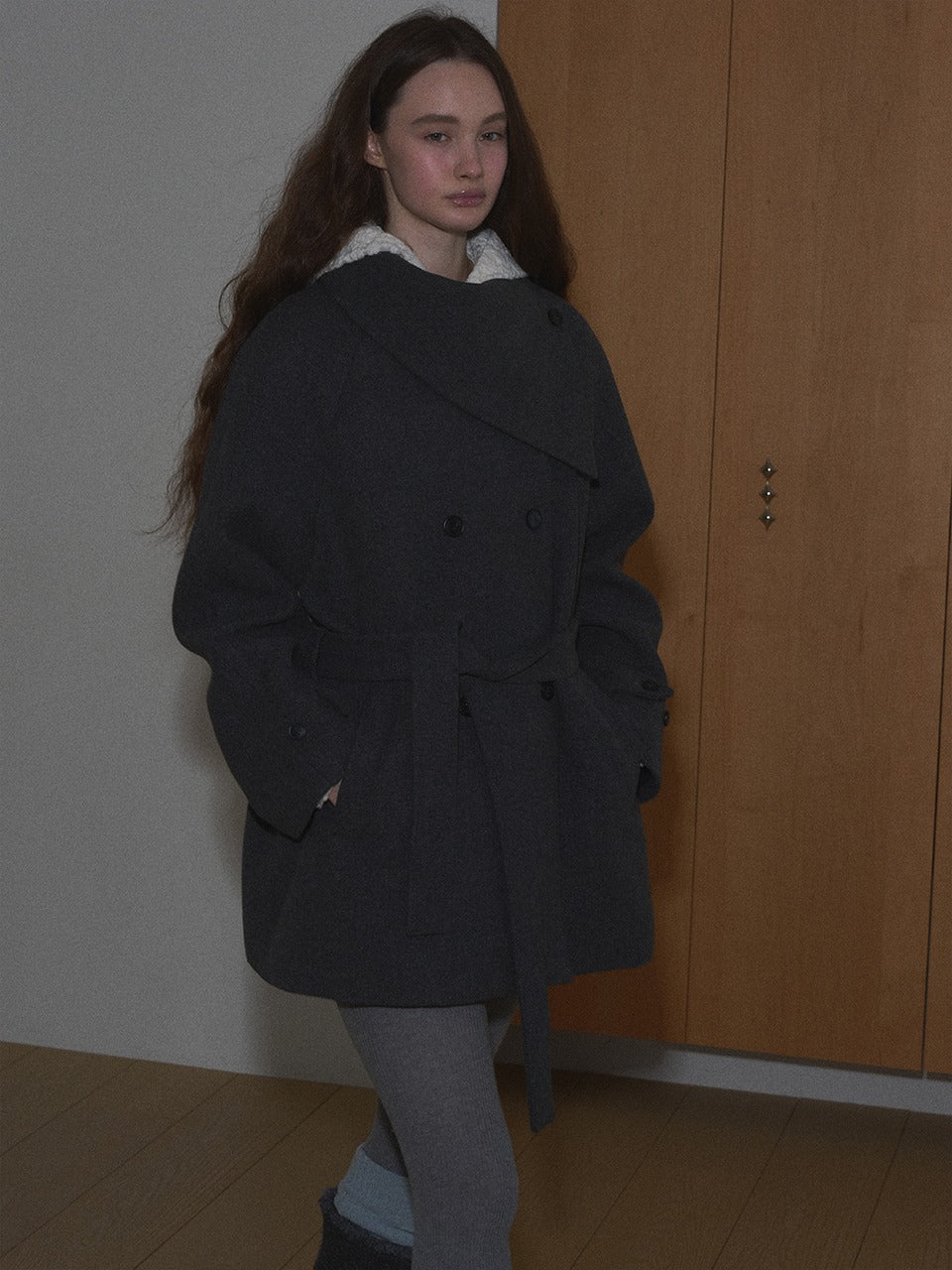 Margarin Fingers - Overlap Collar Half Coat (Charcoal) product image 1 | TRAB K-Fashion Australia