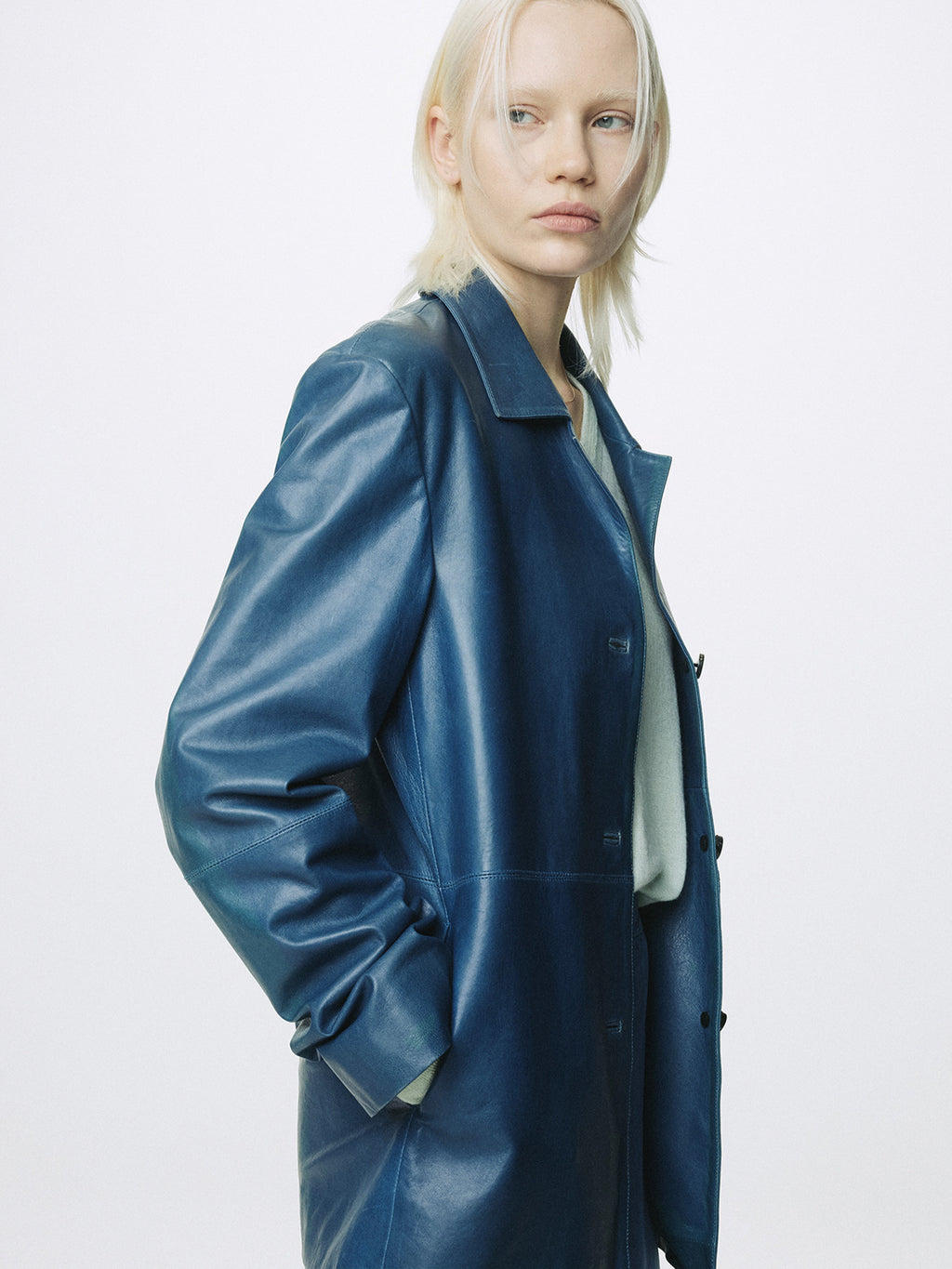 Tonywack - Vegetable Tanned Lamb Leather Open Collar Jacket (Mid Blue) product image 7 | TRAB K-Fashion Australia
