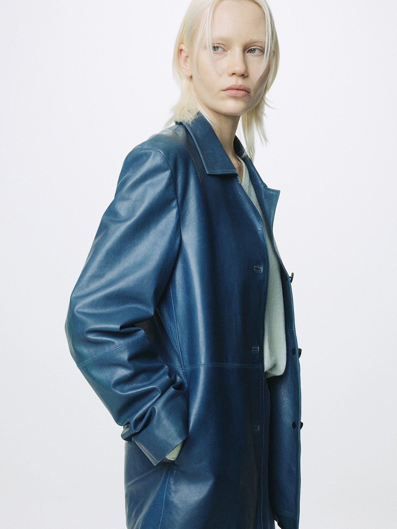 Tonywack - Vegetable Tanned Lamb Leather Open Collar Jacket (Mid Blue) product image 7 | TRAB K-Fashion Australia