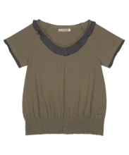 Coyseio - Ruffle V-Neck Smocked T-Shirt (Olive) product image 1 | TRAB K-Fashion Australia