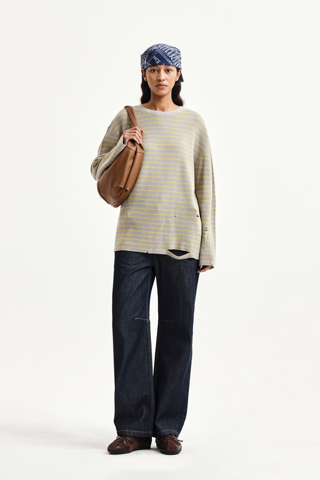 Matin Kim - Stripe Damaged Loose Pullover (Beige) product image 9 | TRAB K-Fashion Australia