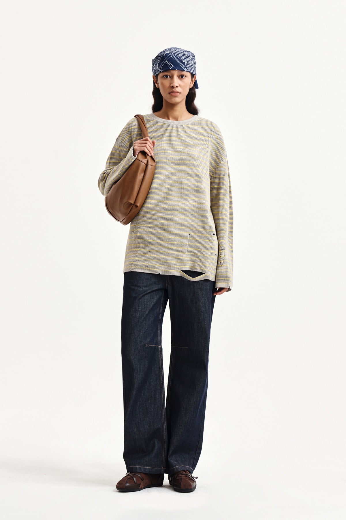 Matin Kim - Stripe Damaged Loose Pullover (Beige) product image 9 | TRAB K-Fashion Australia