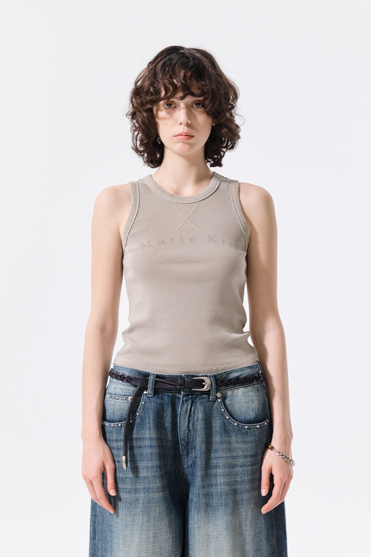 Matin Kim - Distressed Sleeveless Logo Top (Beige) product image 5 | TRAB K-Fashion Australia