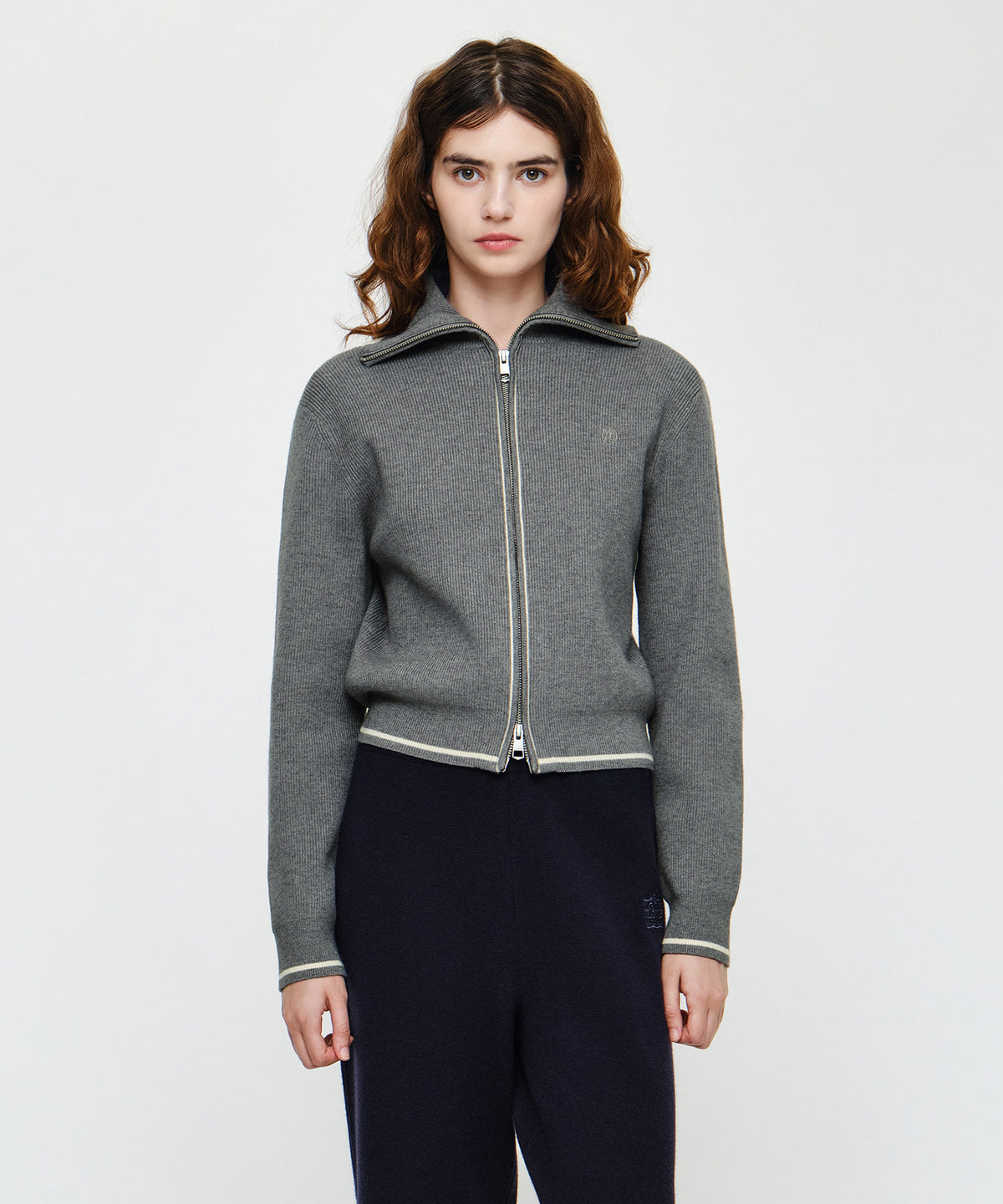 Marithe & Francois Girbaud - Big Collar Crop Zip-up Cardigan (Melange Gray) product image 1 | TRAB K-Fashion Australia