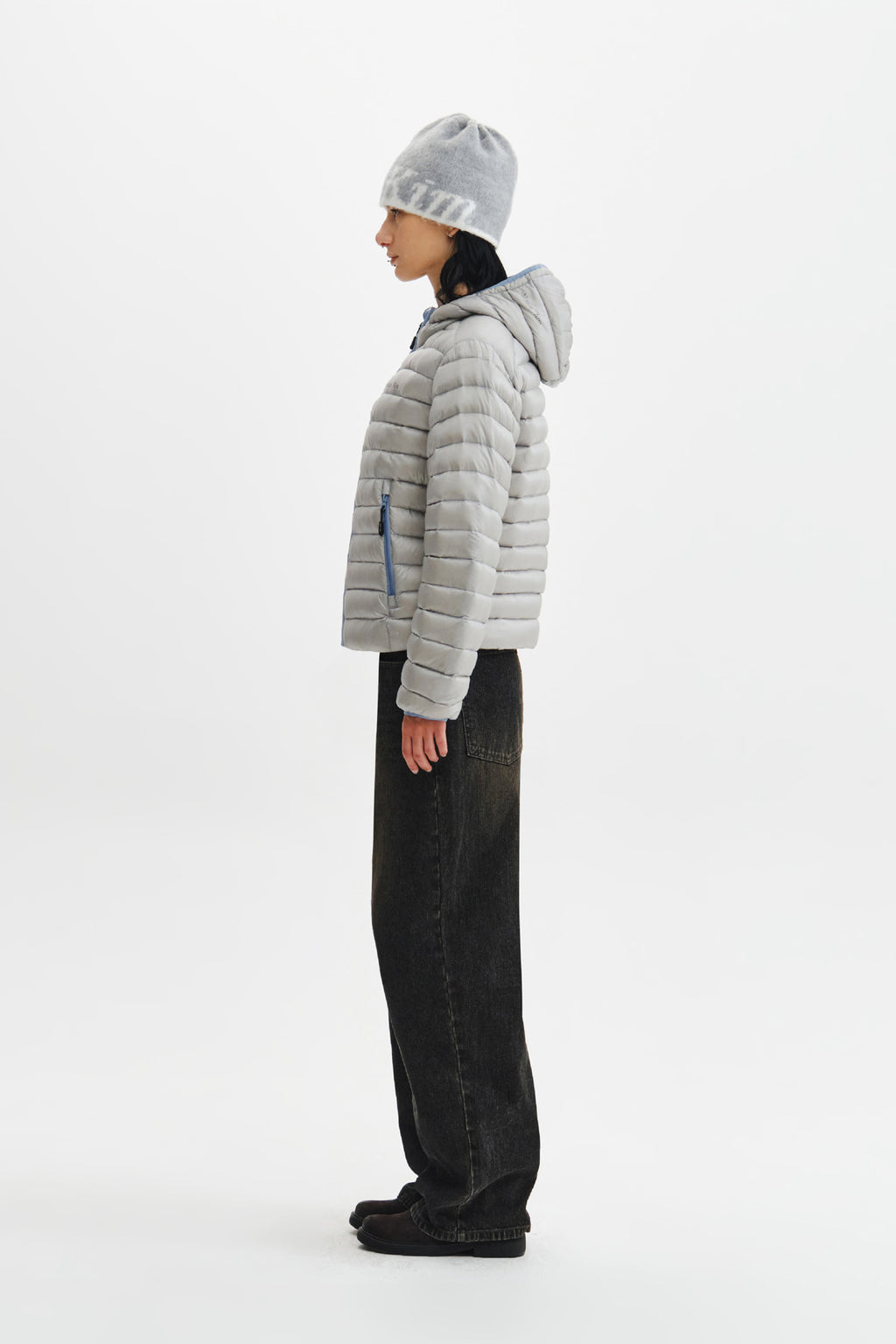 Matin Kim - Contrast Trim Light Down Hoody Jumper (Light Grey) product image 9 | TRAB K-Fashion Australia