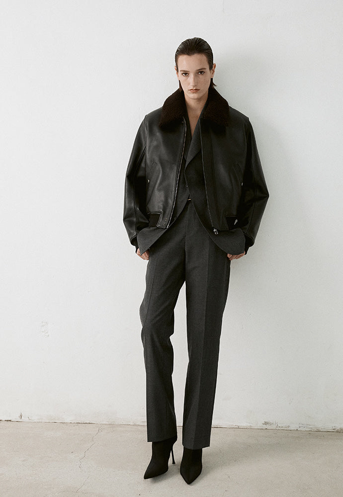 Tonywack - Shearling Collar Leather Bomber Jacket (Black) product image 2 | TRAB K-Fashion Australia