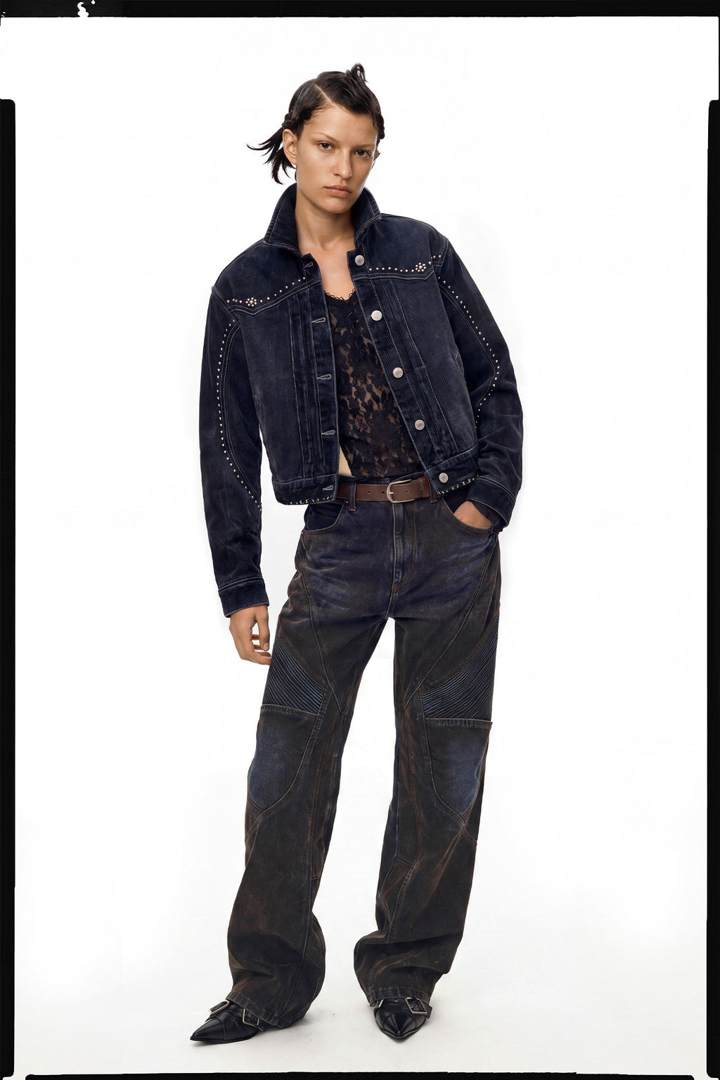 Andersson Bell - [Pre-Order – Ships August 28] Studded Velvet Denim Jacket (black/navy) (Black/Navy) product image 9 | TRAB K-Fashion Australia