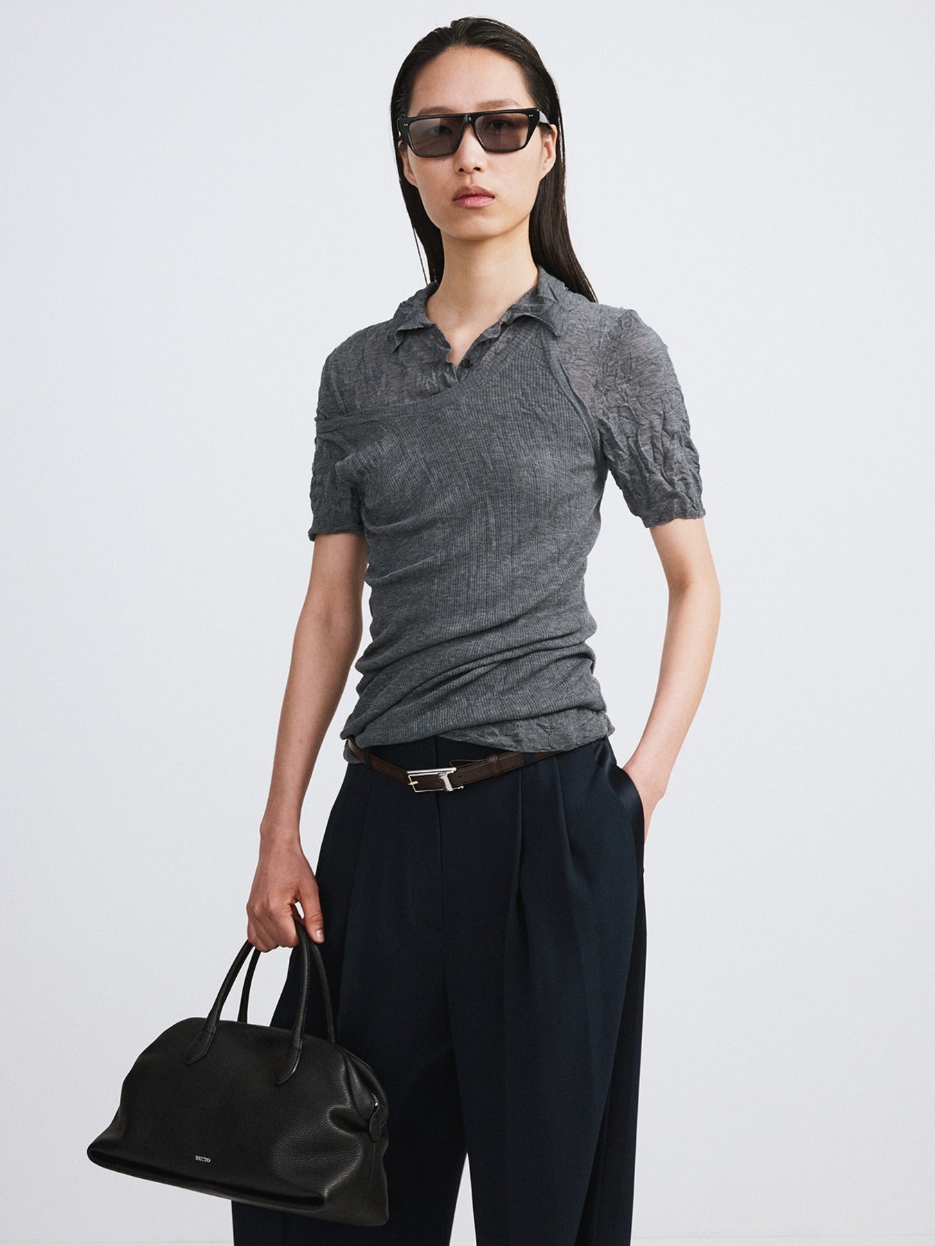 Recto - Crease Polo Knit Top (Cool Grey) product image 1 | TRAB K-Fashion Australia