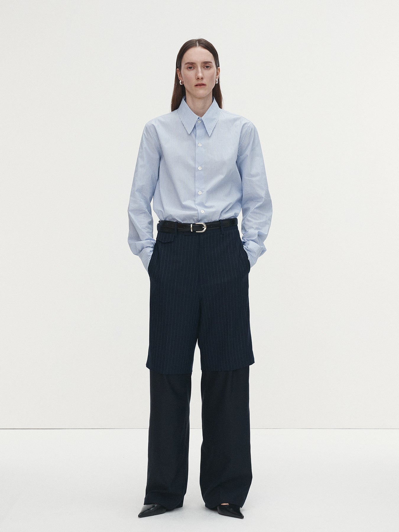 Tonywack - Striped Wool Layered Trousers (Navy Pinstripe) product image 3 | TRAB K-Fashion Australia