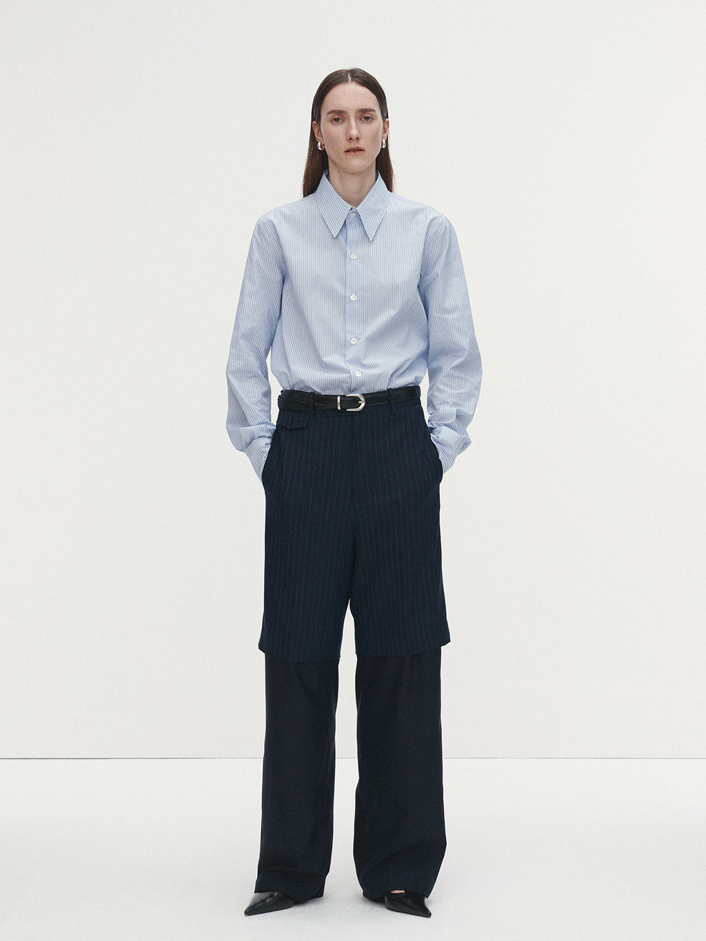 Tonywack - Striped Wool Layered Trousers (Navy Pinstripe) product image 3 | TRAB K-Fashion Australia