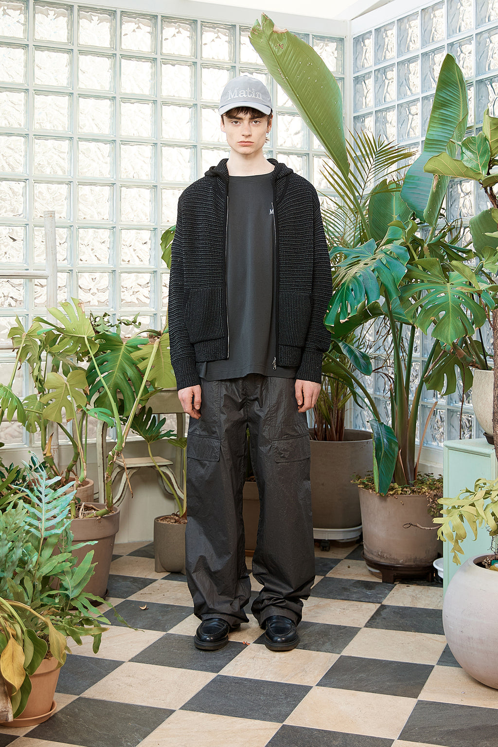 Matin Kim - Two Tone Mesh Knit Hoody Zip Up (Black) product image 11 | TRAB K-Fashion Australia