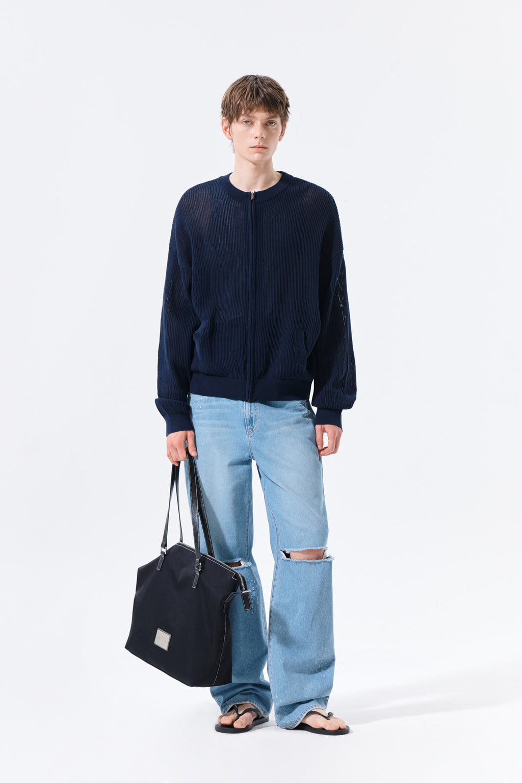 Matin Kim - Back Logo Jacquard Mesh Knit Zip Up (Navy) product image 15 | TRAB K-Fashion Australia