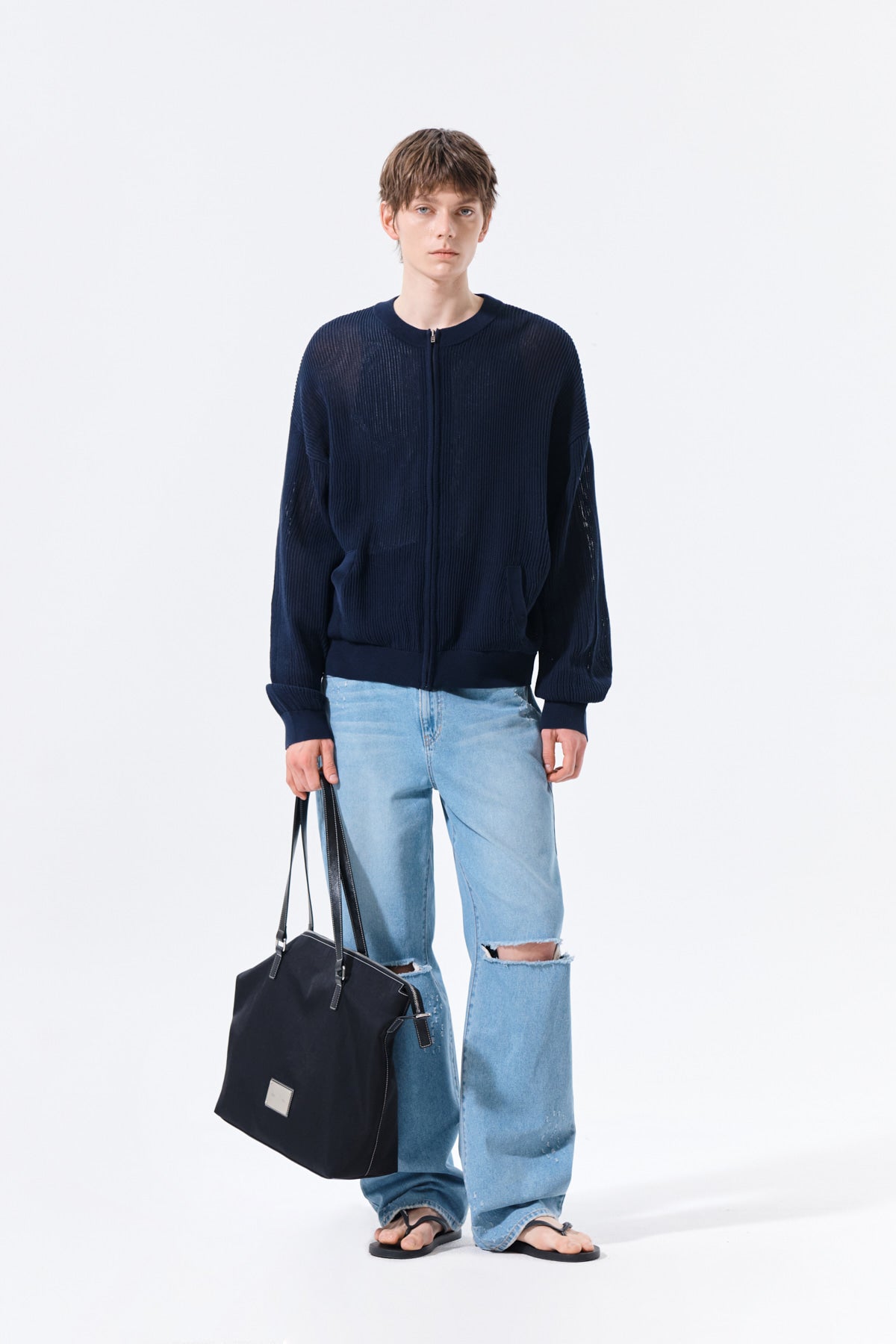 Matin Kim - Back Logo Jacquard Mesh Knit Zip Up (Navy) product image 15 | TRAB K-Fashion Australia