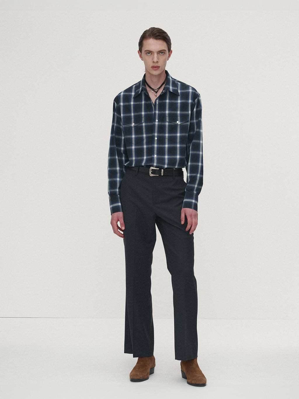 Tonywack - Checked Cotton Western Shirt Japanese Fabric (Navy/White) product image 2 | TRAB K-Fashion Australia